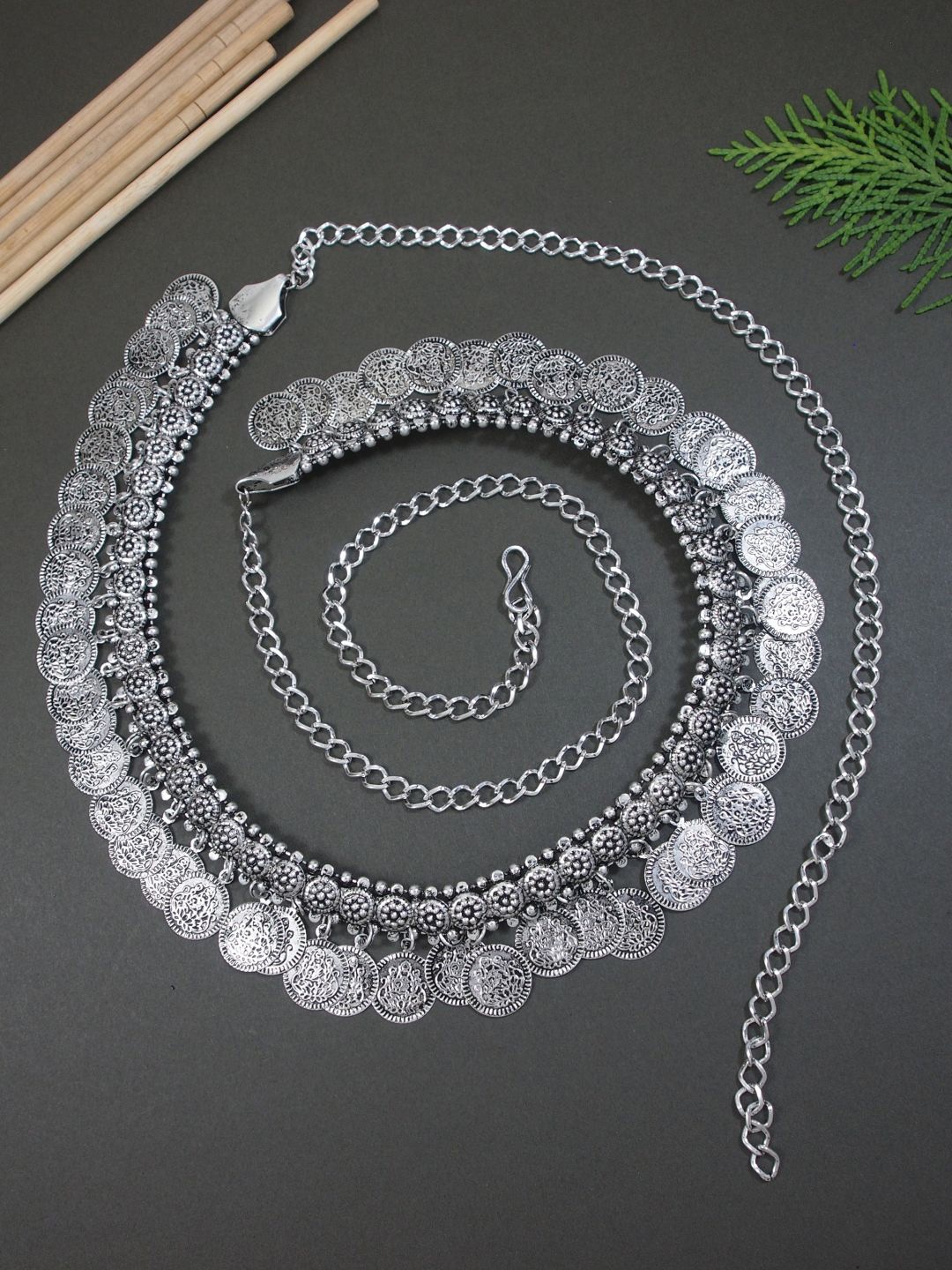 

I Jewels Oxidised Adjustable Coin Tasselled Waist Chain, Silver