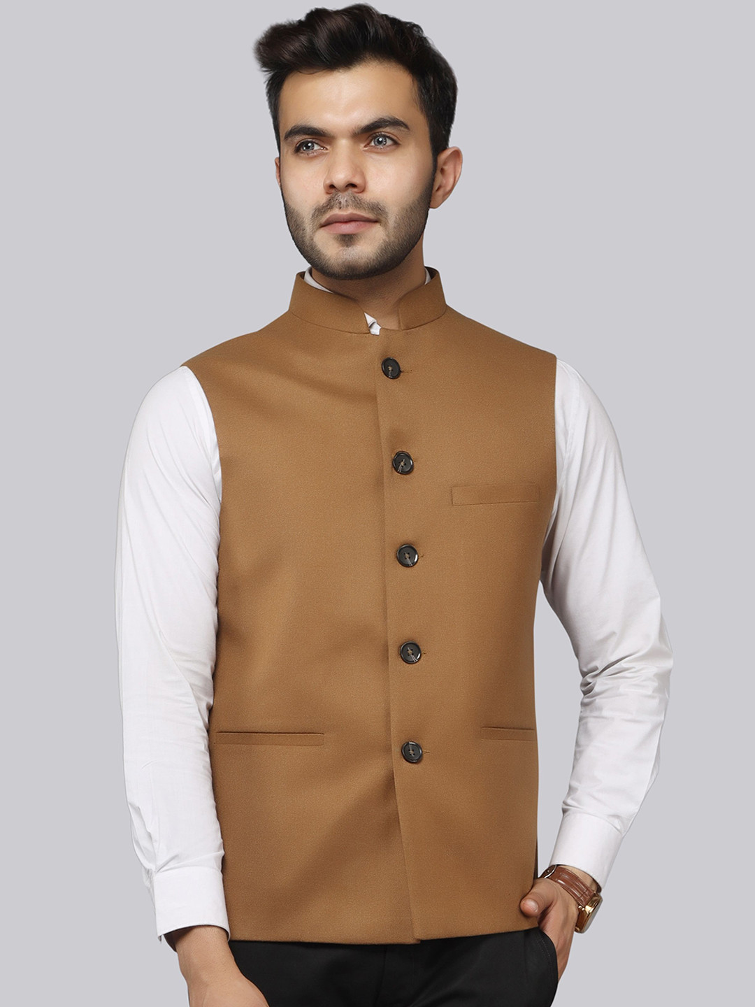 

LA'SCOOT Woven Linen Nehru Jacket, Brown