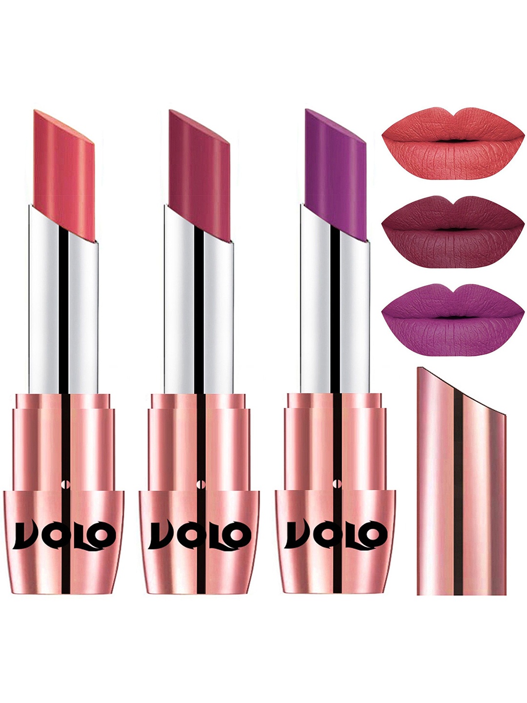 

VOLO Set Of 3 Creme Matte Lipstick-3.5 g Each-637-Purple 638-Dark Peach 648-Rose Pink