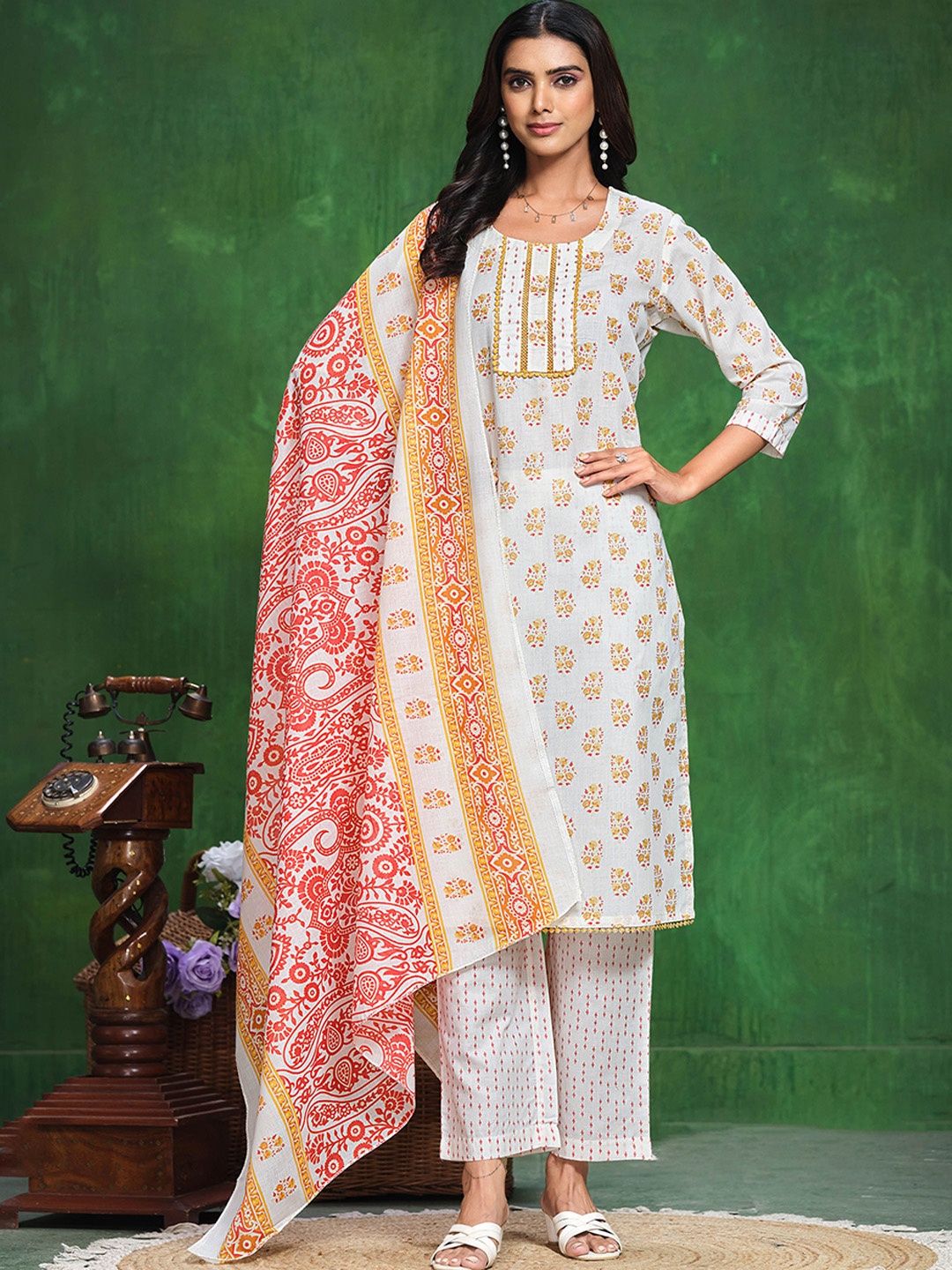 

Sangria White Ethnic Motifs Printed Sequined Cotton Straight Kurta With Trousers & Dupatta