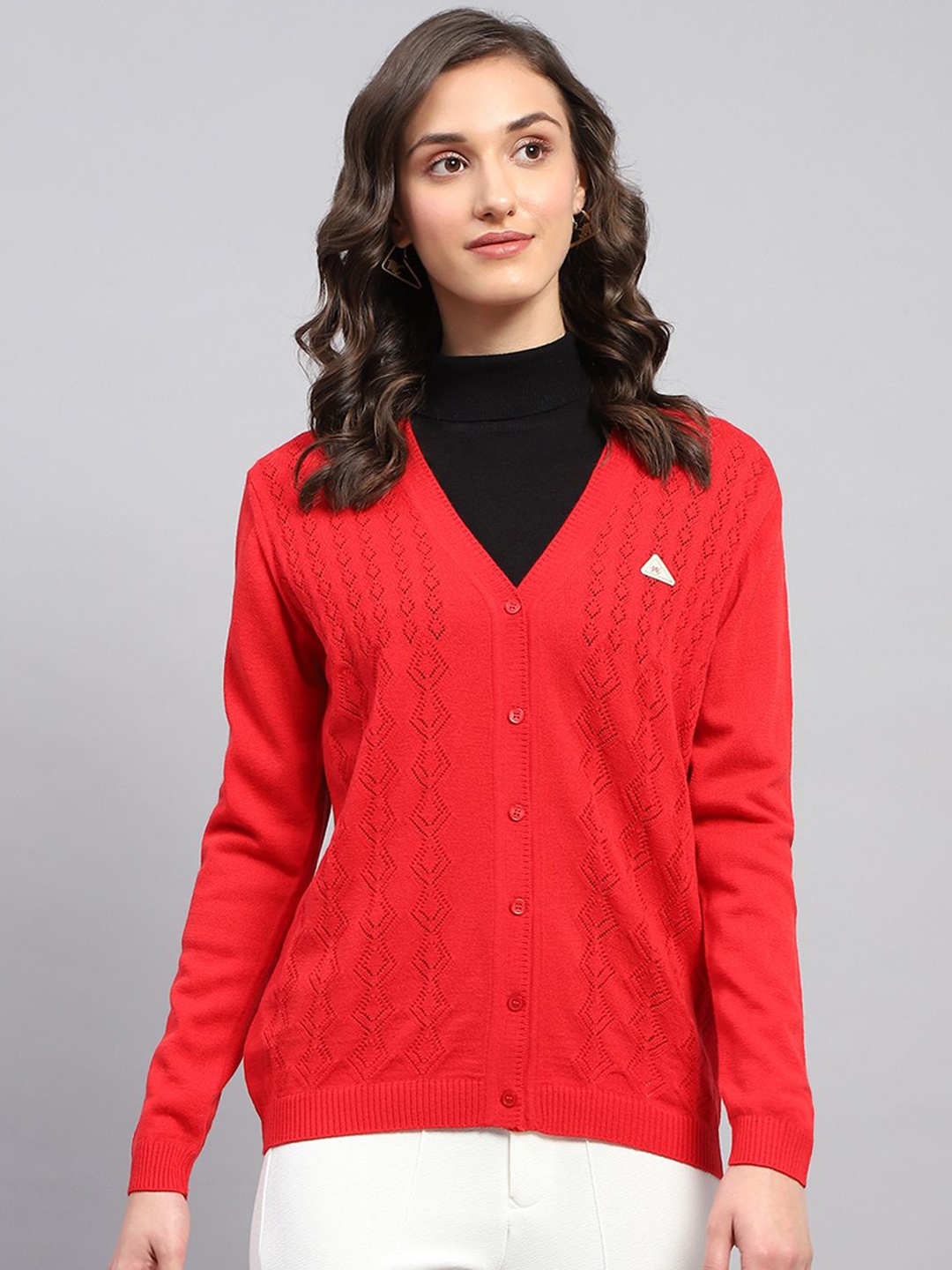 

Monte Carlo Women Ribbed Woollen Cardigan, Red