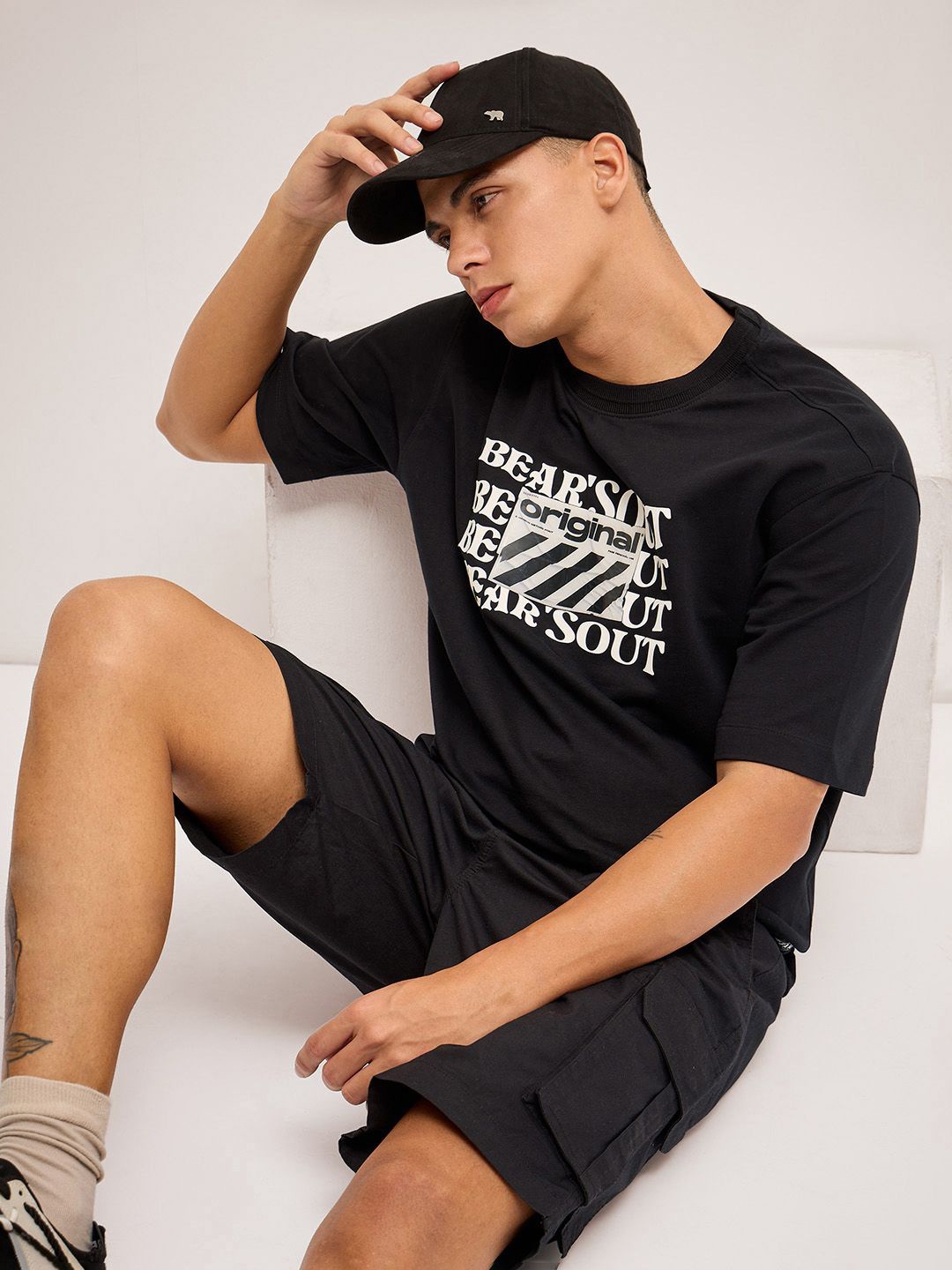

THE BEAR HOUSE Men Typography Printed Round Neck Cotton Oversized T-shirt, Black