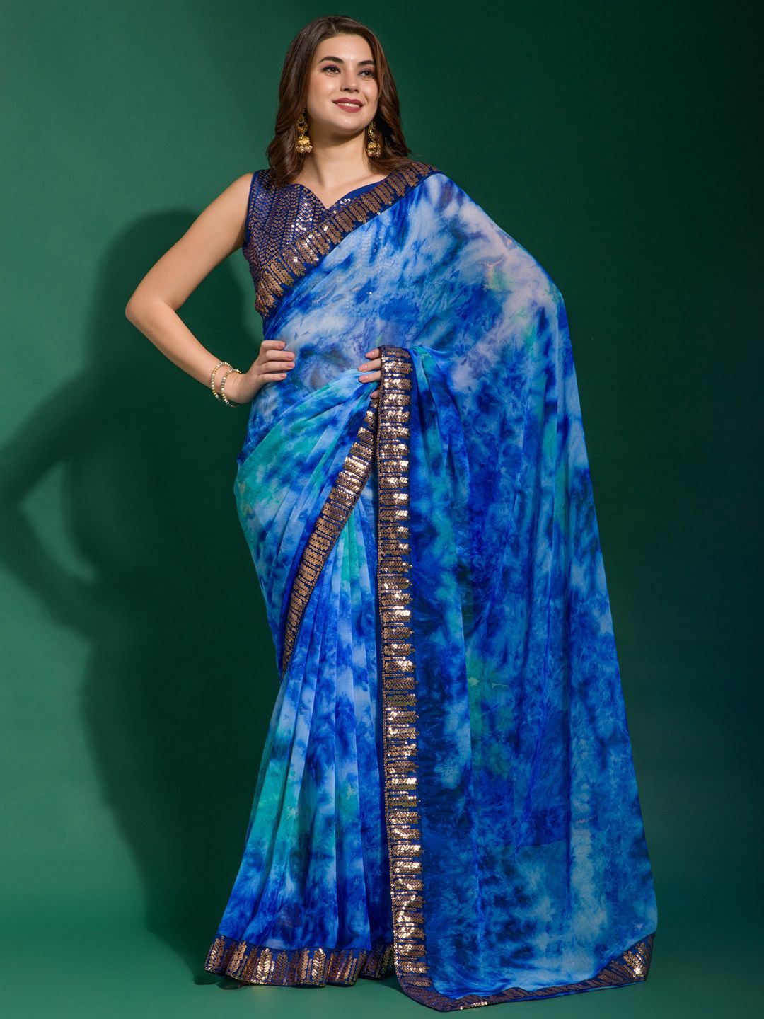 

Sangria Tie & Dye Printed Embellished Saree With Matching Blouse, Blue