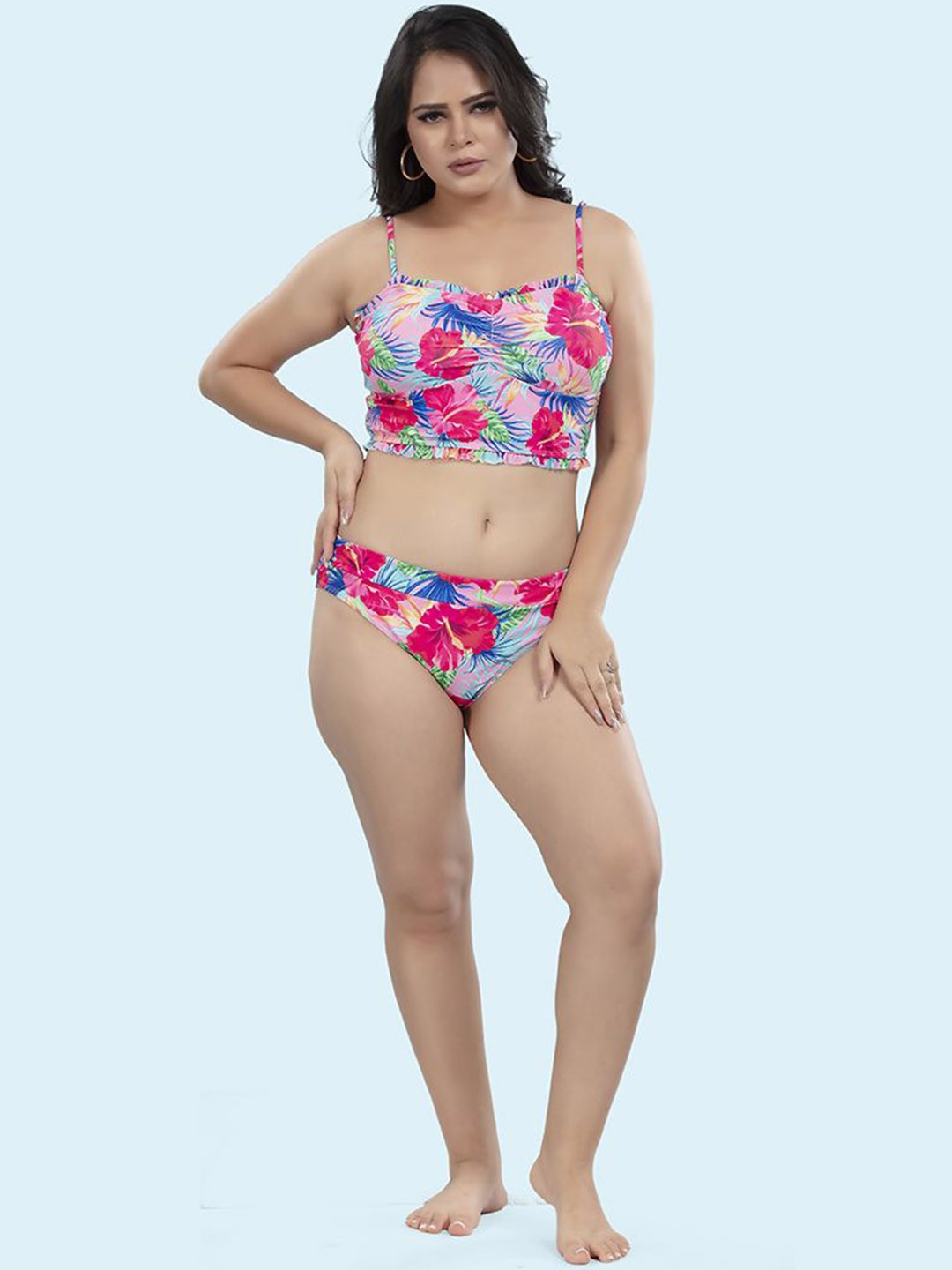 

BOLD & BAE Floral Printed Shoulder Straps Swim Bikini Set, Pink