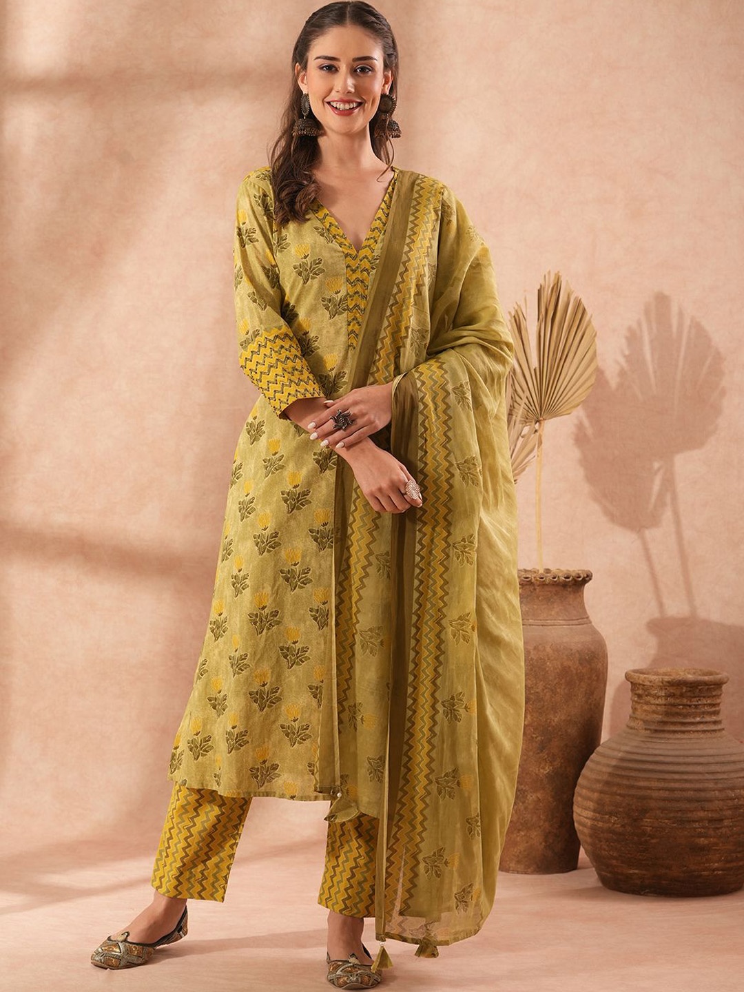 

FASHOR Floral Printed Sequinned Pure Cotton Straight Kurta With Trousers & Dupatta, Green