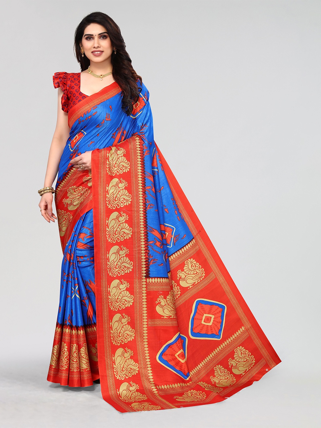 

VIRICA Printed Saree With Blouse Piece, Blue