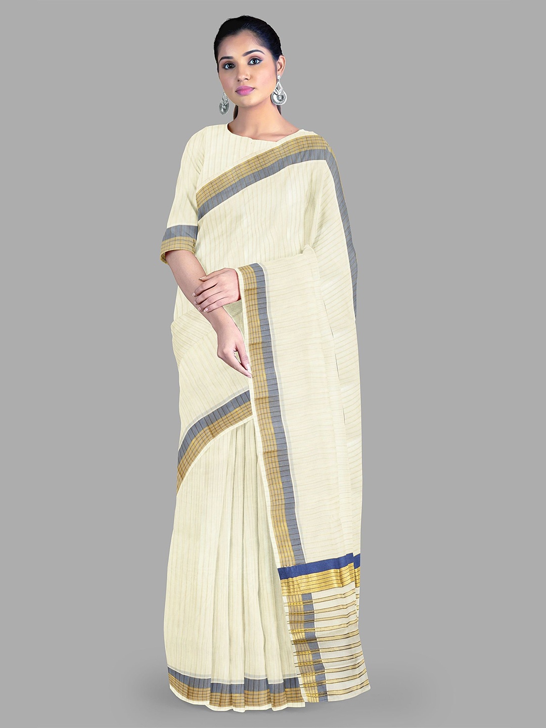 

The Chennai Silks Striped Pure Cotton Kasavu Saree, Off white