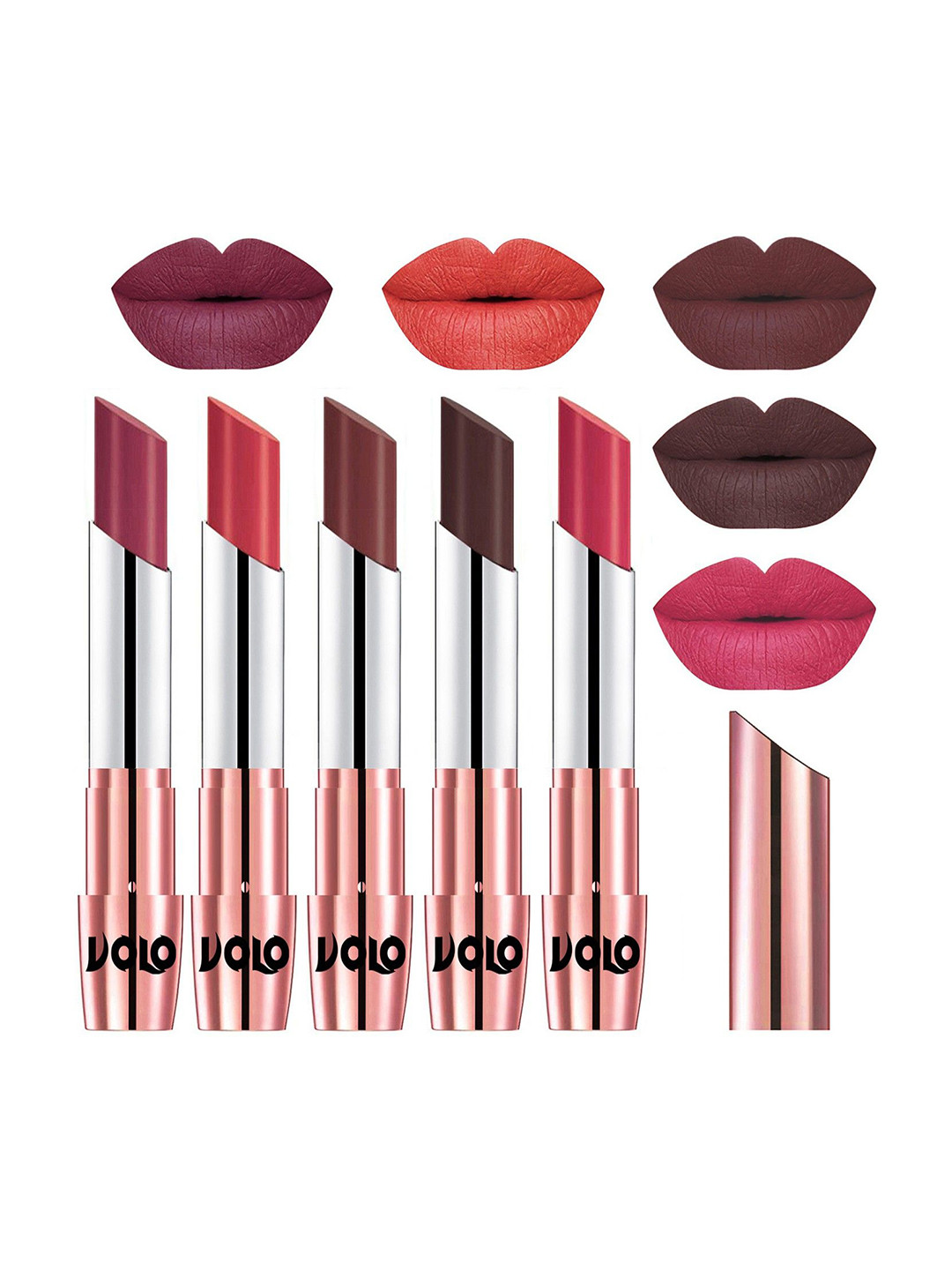 

VOLO Set Of 5 Creme Matte Lipsticks - Cherry 31-Peach 33-Coffee 34-Chocolate 35-Pink 41