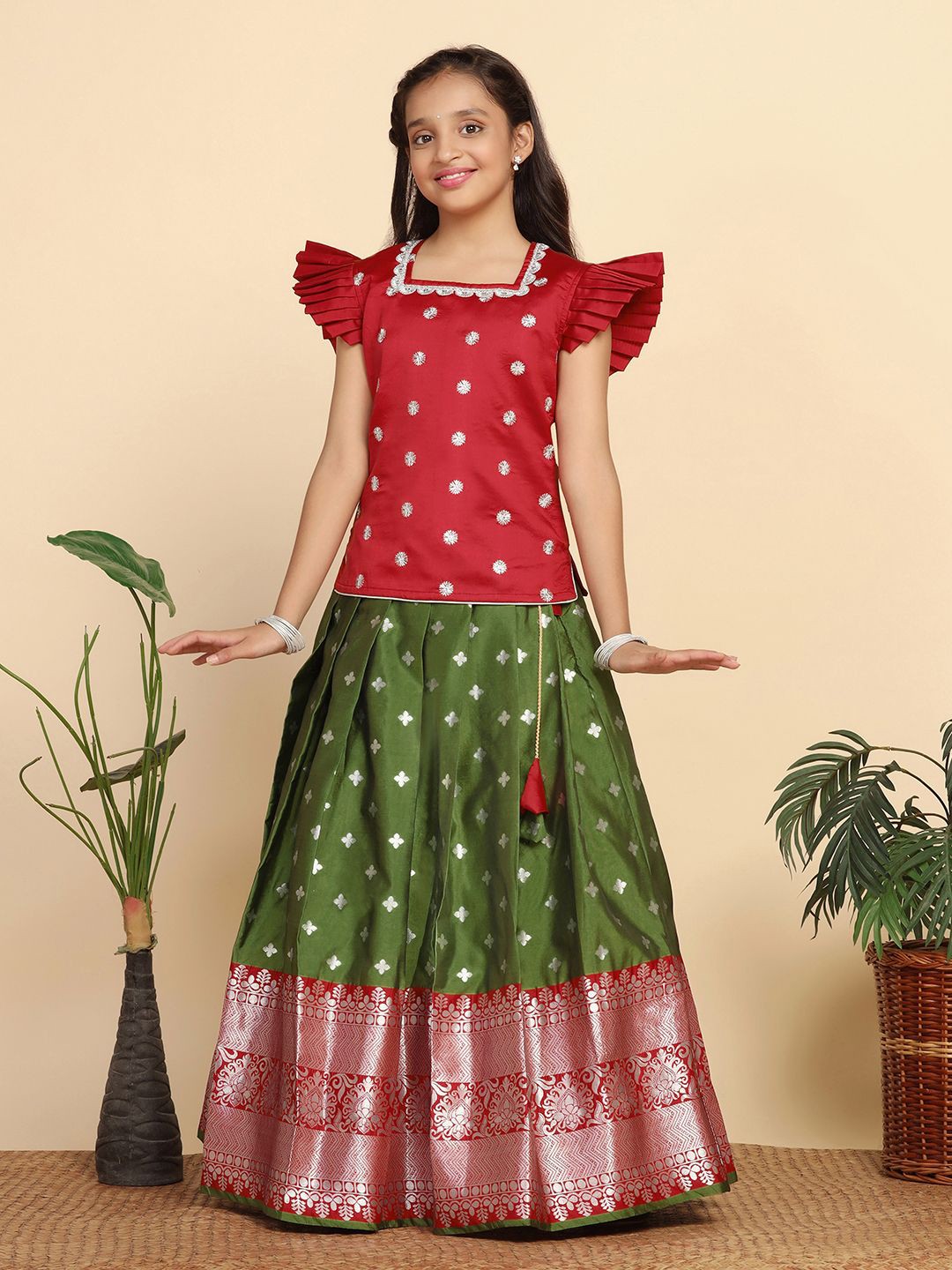 

BAESD Girls Embroidered Ready to Wear Pattu Pavadai Lehenga And Choli, Red