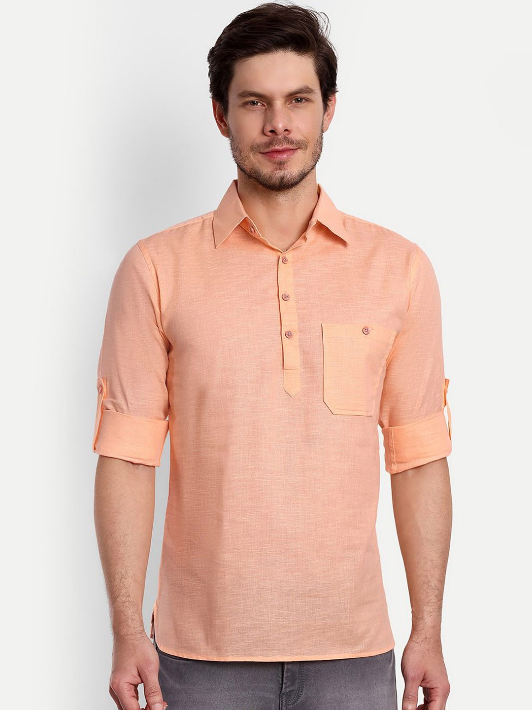 

univibe Shirt Collar Pure Cotton Straight Kurta, Orange