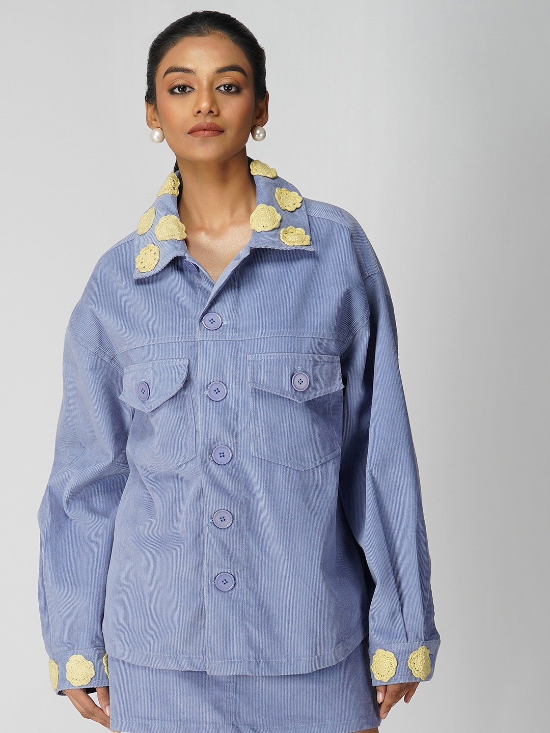 

THE CLOTHING FACTORY Women Open Front Jacket with Embroidered, Blue