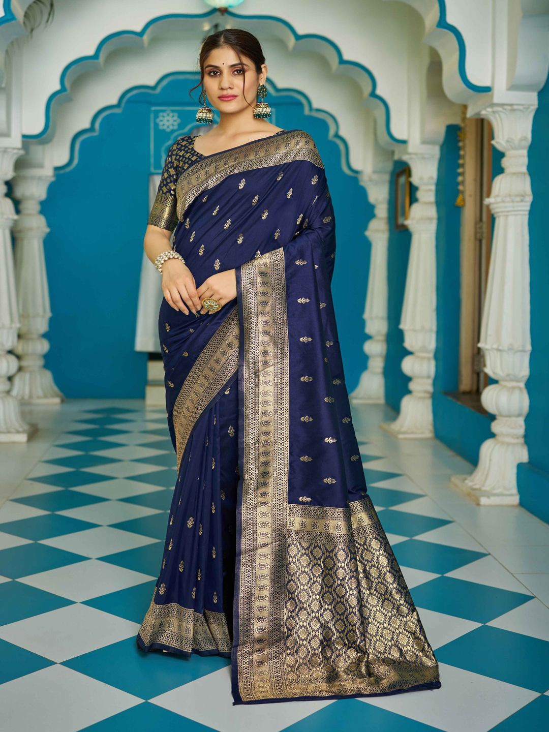 

Krimmple Ethnic Motifs Woven Design Zari Saree, Blue