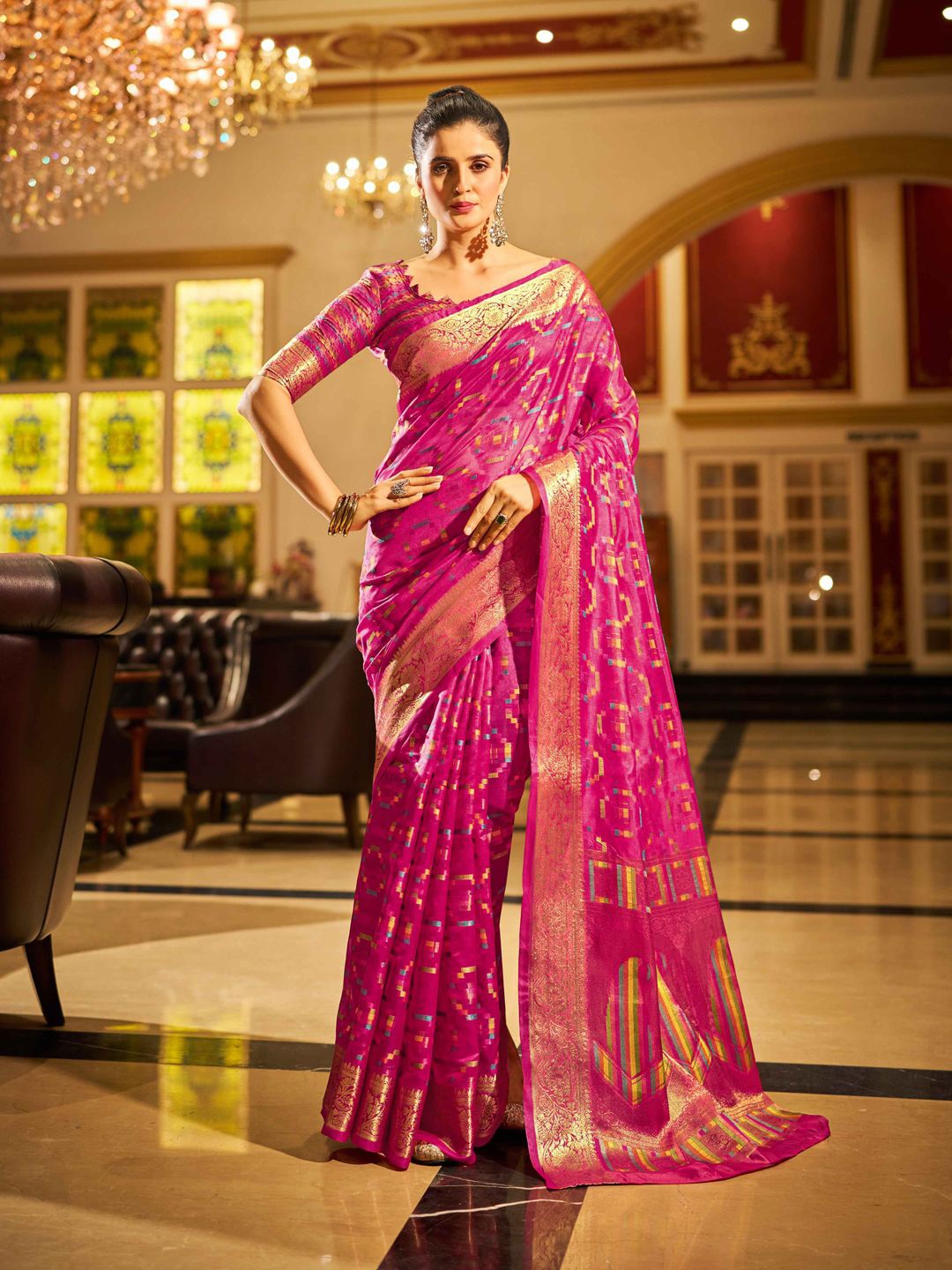 

Krimmple Woven Design Zari Organza Saree, Rose