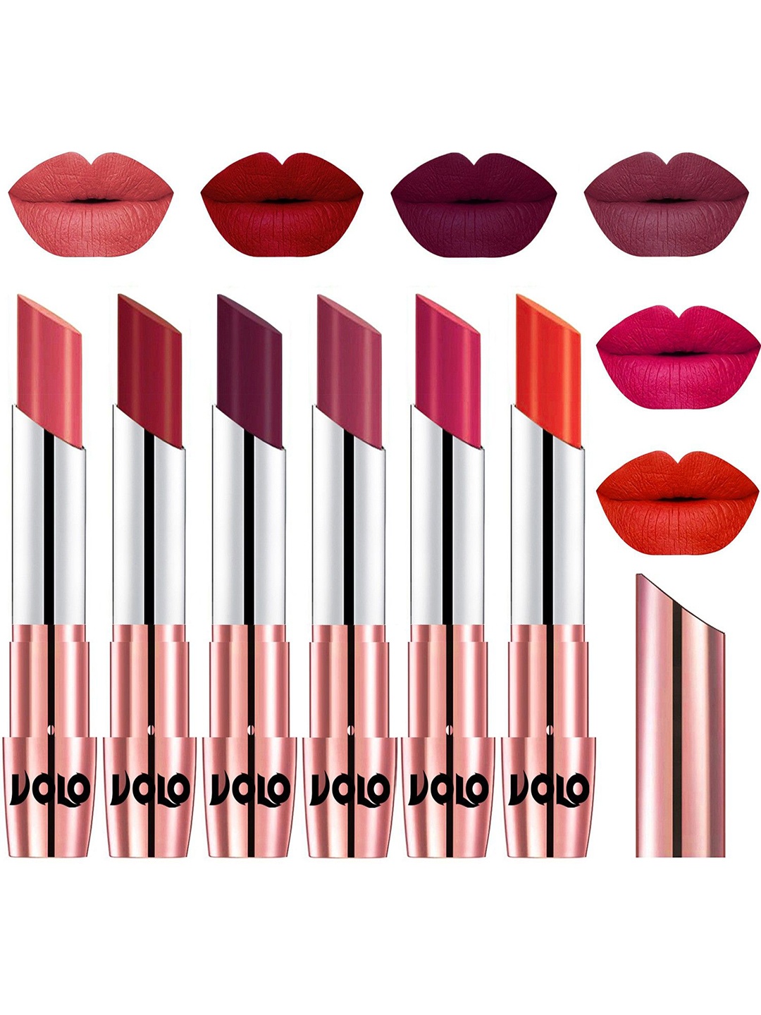 

VOLO Set Of 6 Creme Matte Lipsticks 3.5 g-Dark Peach-Red-Wine-Rose Pink-Passion Pink-Coral