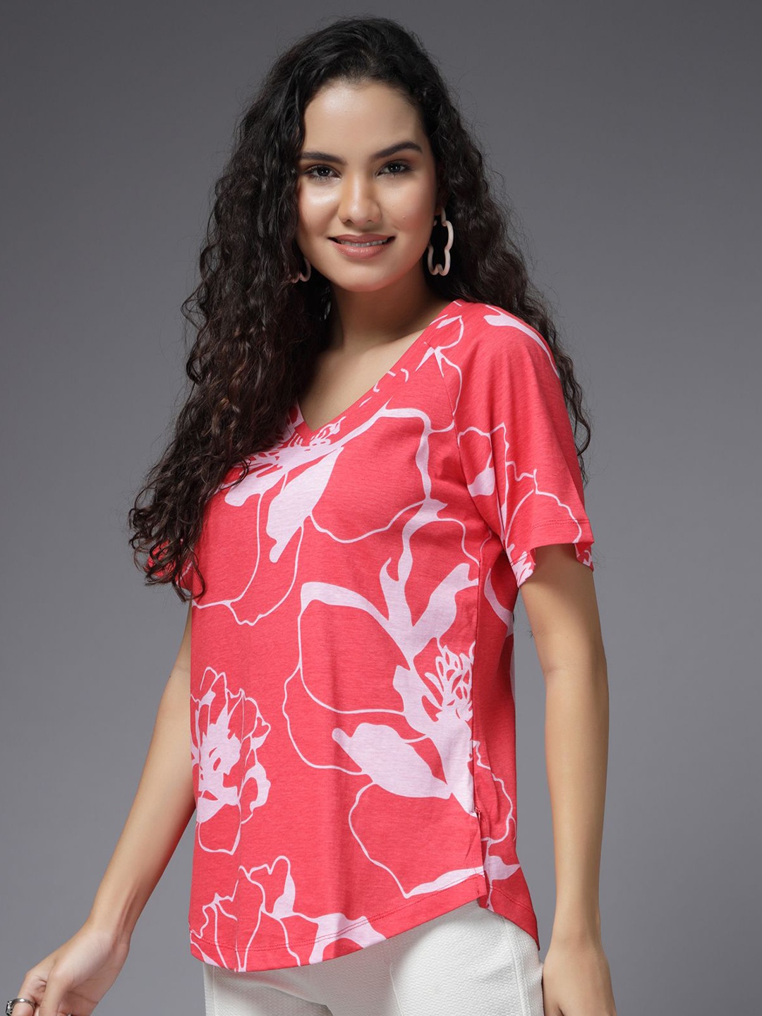 

House Of Zelena Women Floral Printed V-Neck Cotton Top, Pink