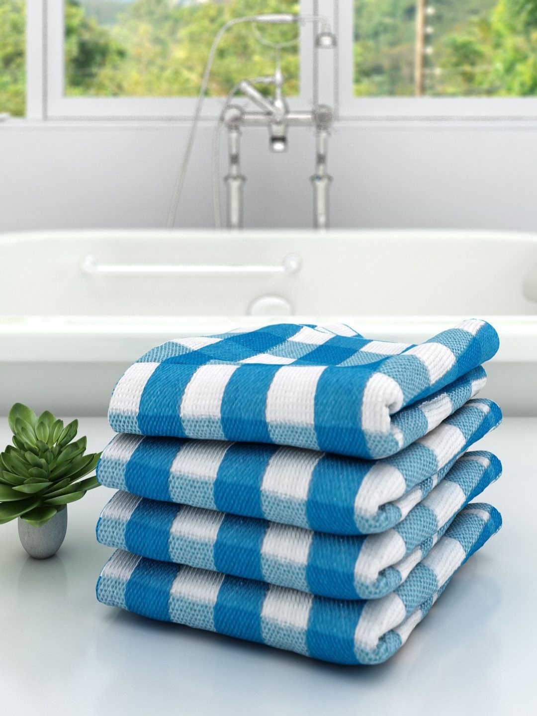 

Aura White & Blue 4 Pieces Striped Cotton 210 GSM Bath Towel