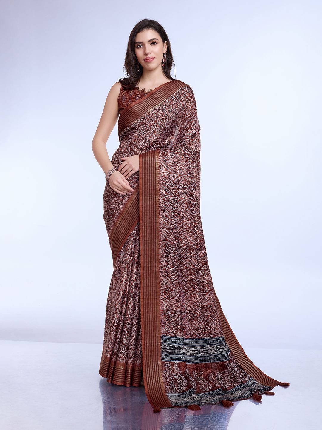 

all about you Ajrak Block Printed Saree, Maroon