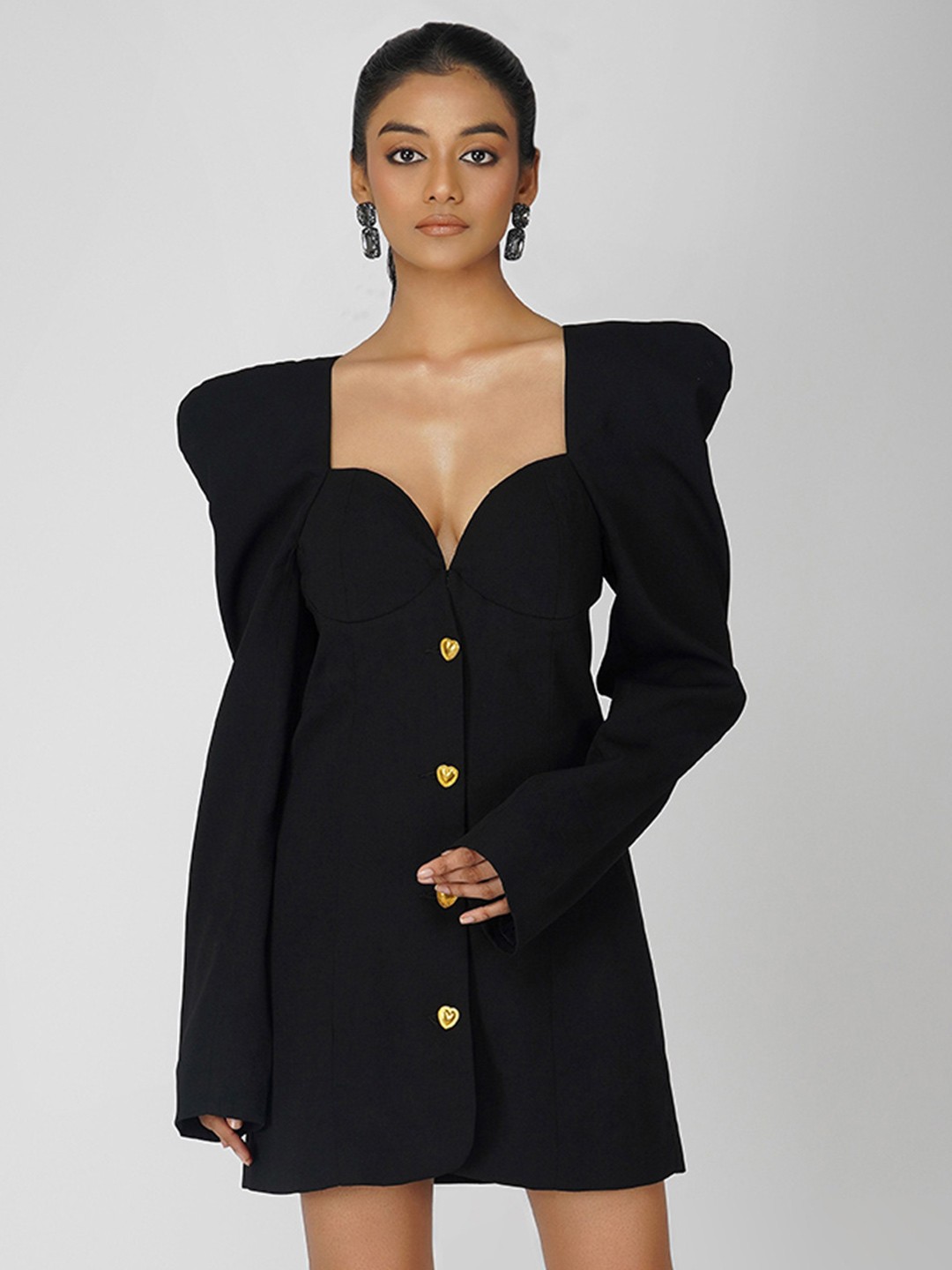

THE CLOTHING FACTORY Women Solid Sweetheart Neck Mini Blazer Dress, Black