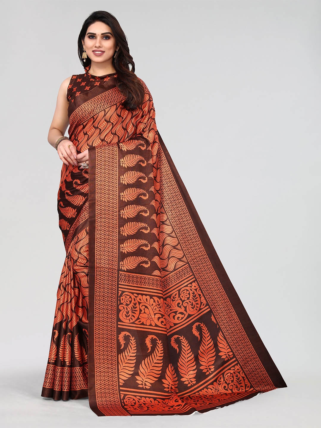 

VIRICA Floral Printed Phulkari Saree, Brown