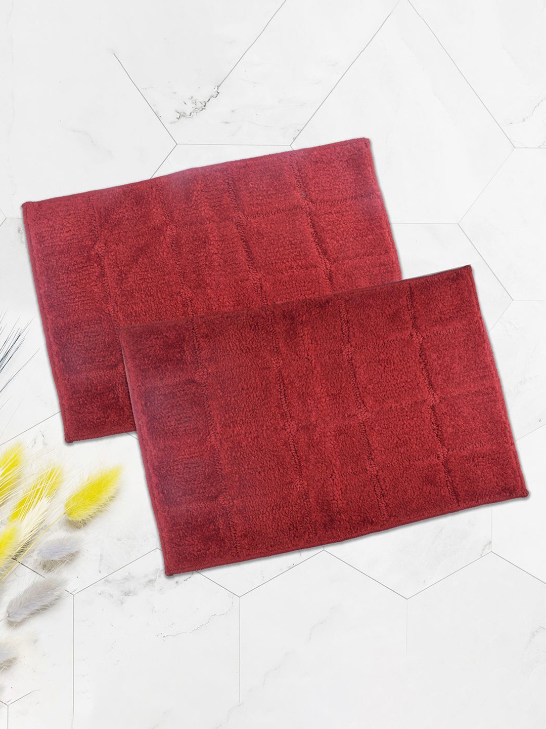 

Kuber Industries Maroon 2 Pieces Checked Anti-Slip Doormats