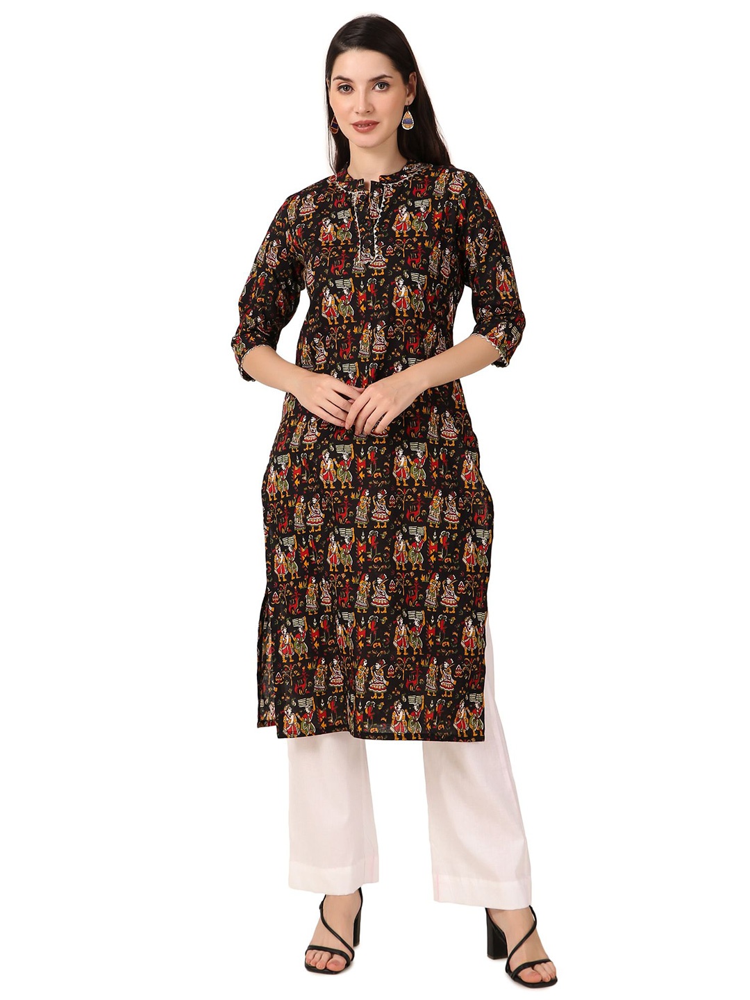 

PFFASHION Printed Pure Cotton Straight Kurta, Black
