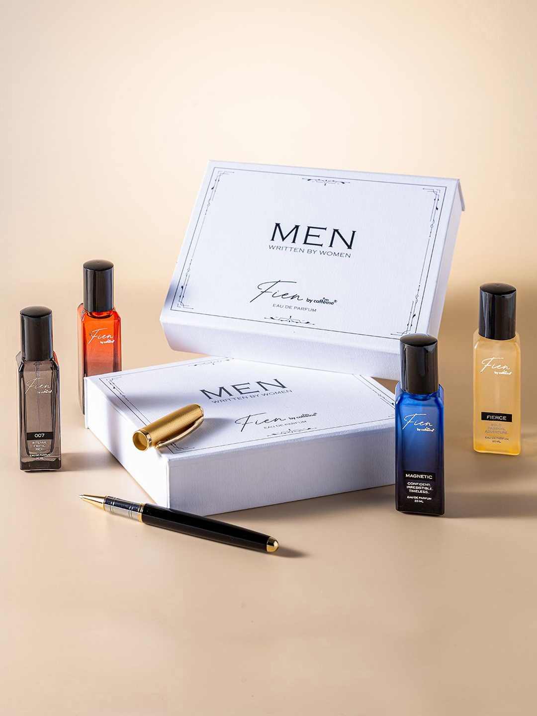 

FIEN by mCaffeine Set Of 4 Men Written By Women Eau De Parfum Set - 20 ml Each, Transparent