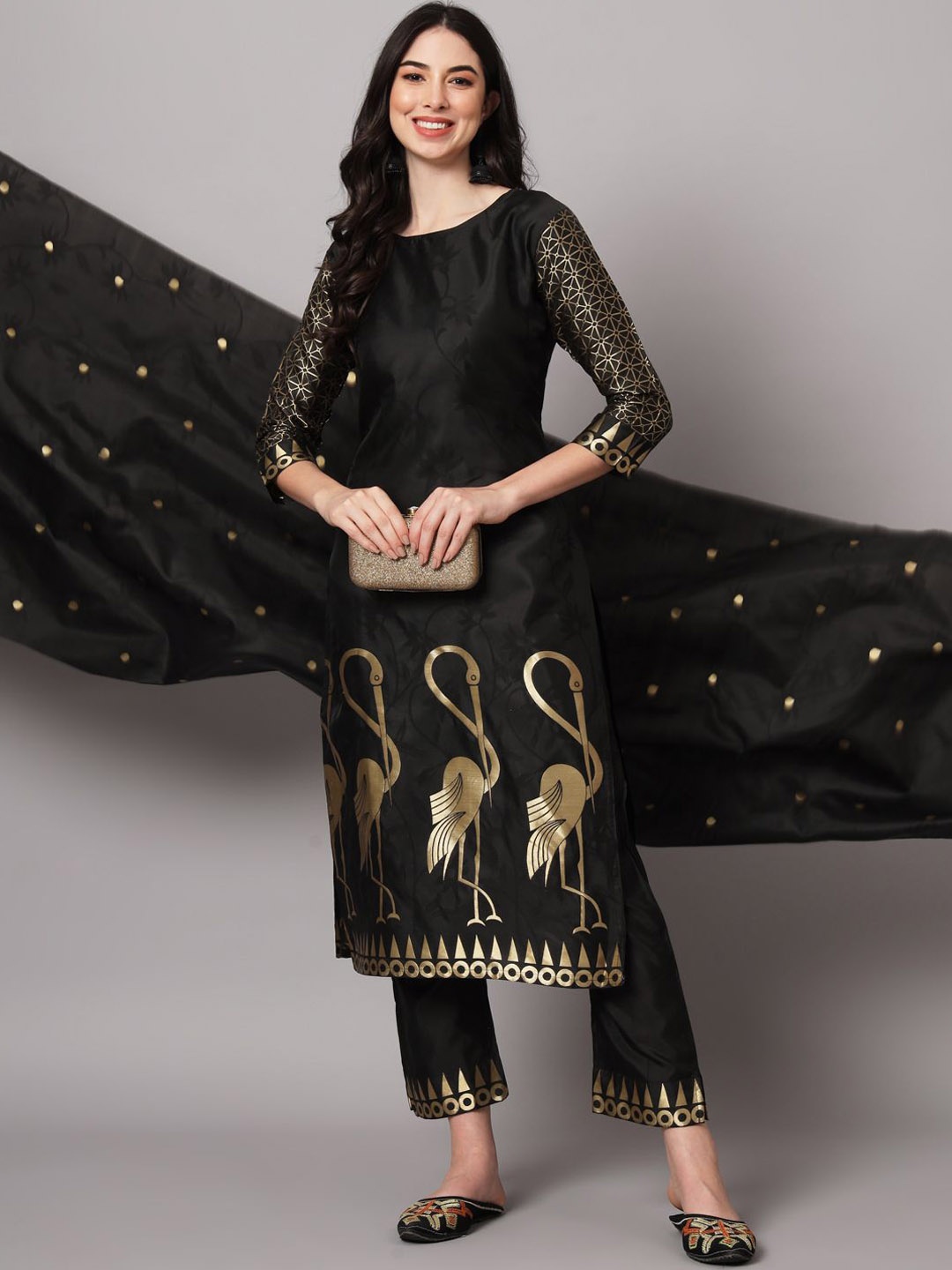 

VredeVogel Ethnic Motifs Woven Design Straight Kurta & Trousers With Dupatta, Black
