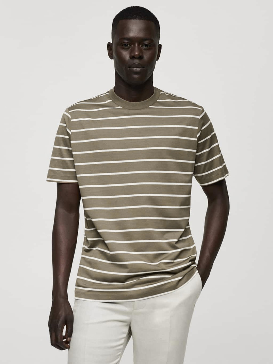 

MANGO MAN Striped Pure Cotton T-shirt, Brown