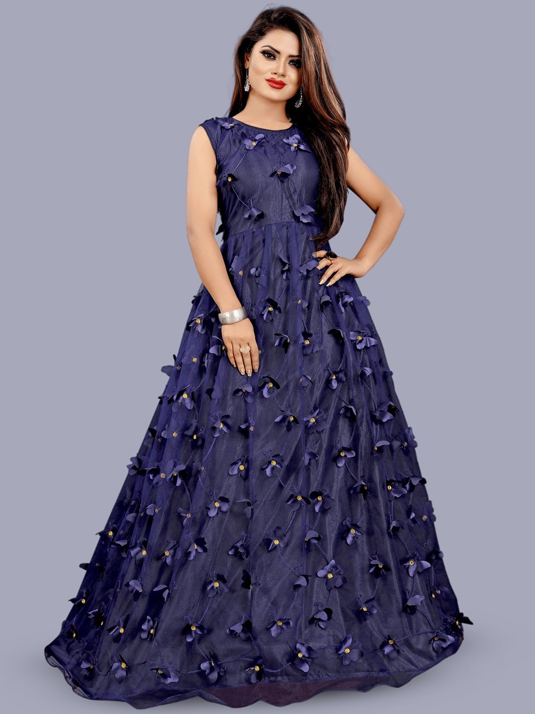 

LADY SHOPI Embroidered Net Fit & Flare Maxi Dress, Navy blue