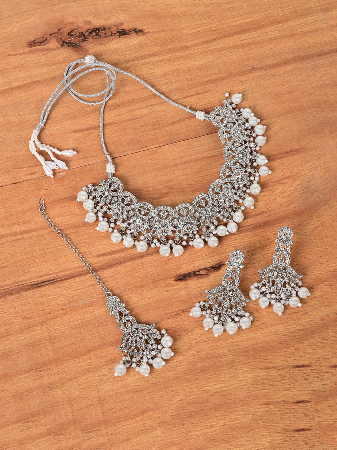 

Keviv Rhodium-Plated AD Stone-Studded & Beaded Antique Jewellery Set, Silver