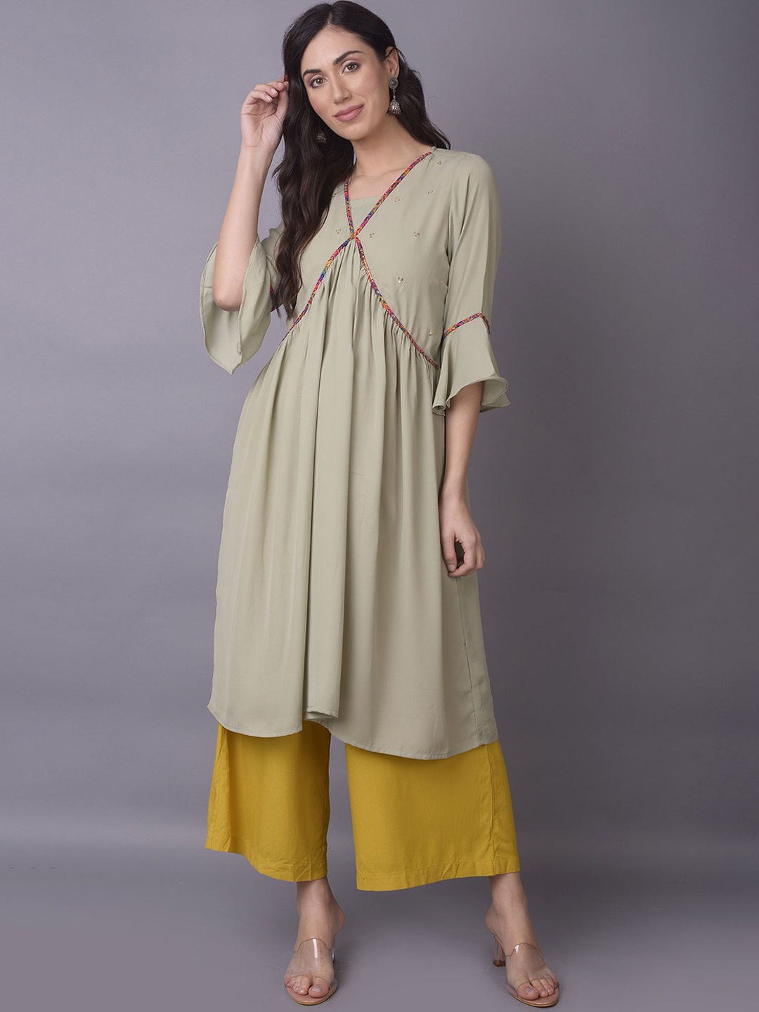 

Shree Sequinned V-Neck Bell Sleeves A-Line Kurta, Green