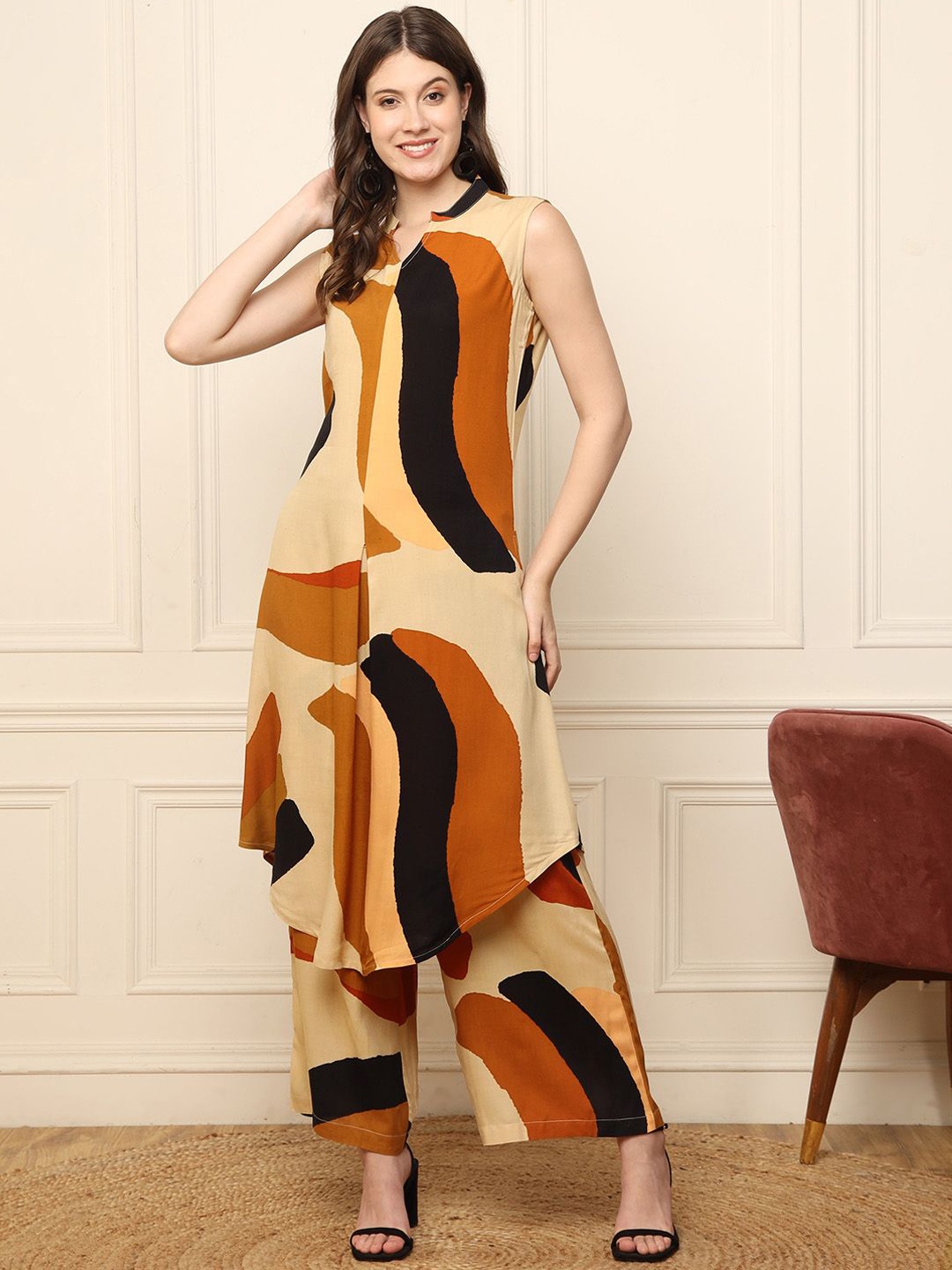

DEEBACO Abstract Printed Tunic With Palazzos, Cream