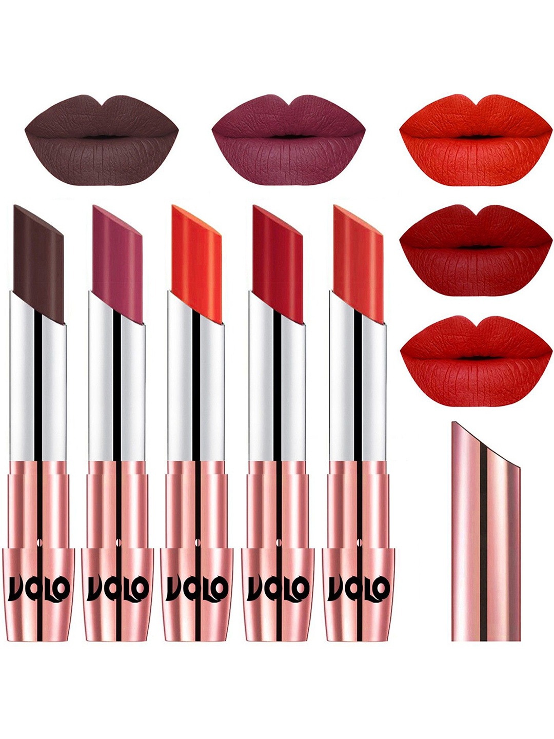 

VOLO Set Of 5 Matte Lipsticks- Chocolate 35-Rose Pink 38-Coral 39-Tomato Red 40-Orange 49, Brown