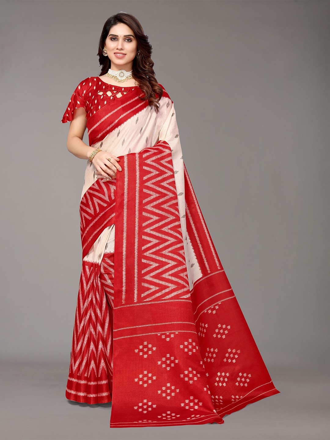 

VIRICA Abstract Printed Daily Saree, Red