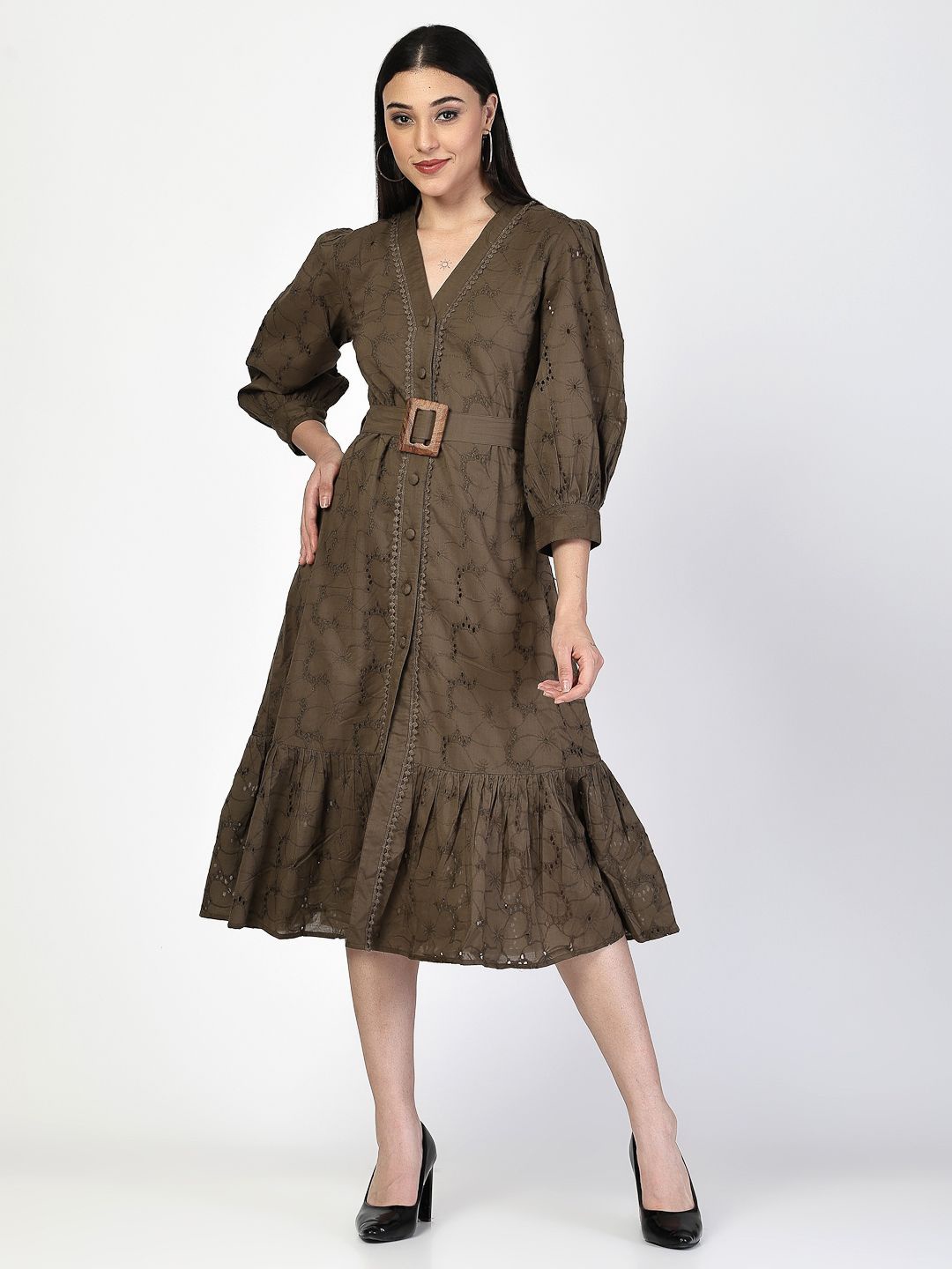 

COSMIC TRIO Women Self Design Cuffed Sleeves A-Line Midi Dress, Brown