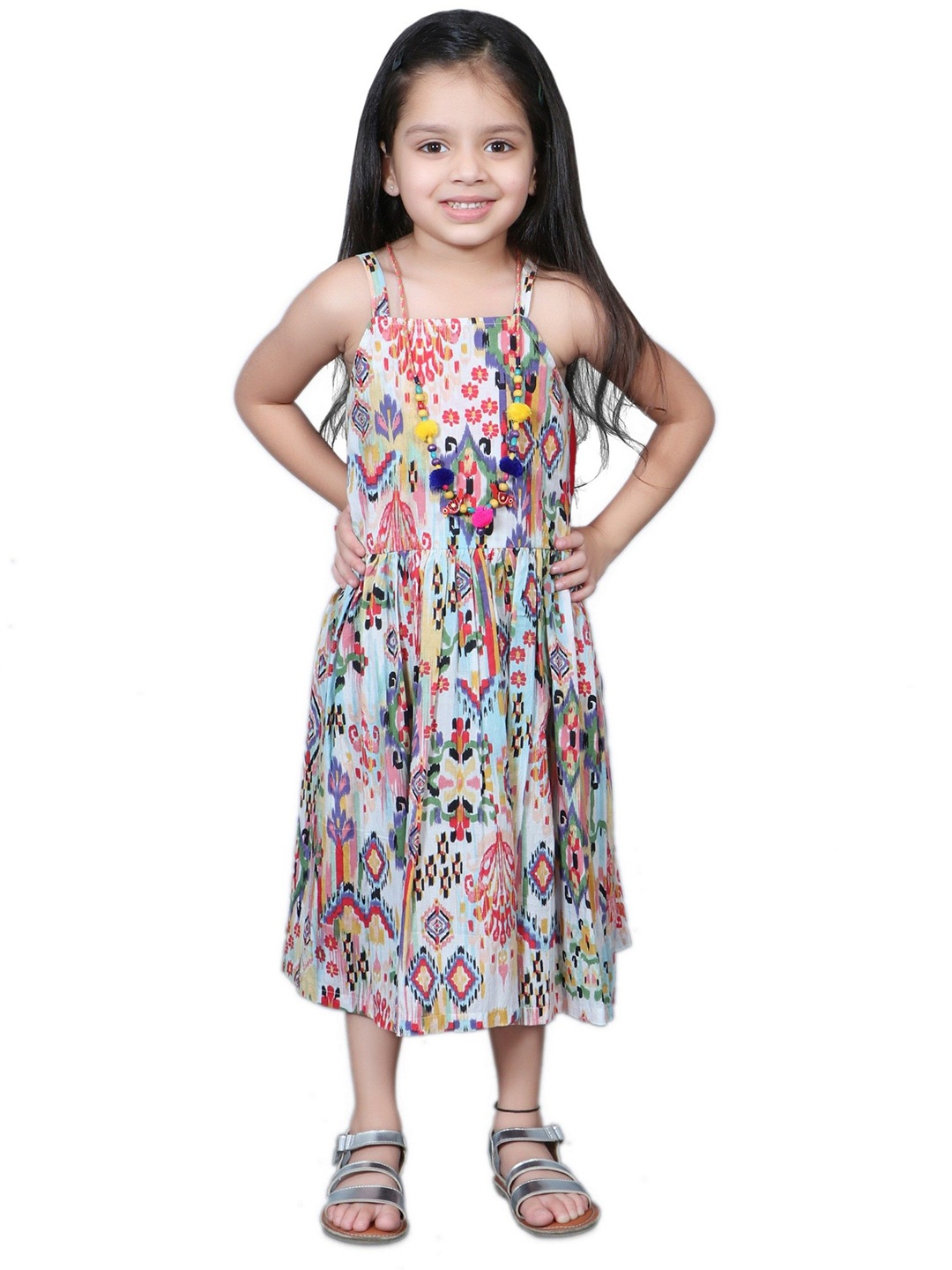 

EthIndia Girls Ethnic Motifs Printed Cotton Fit & Flare Midi Dress, Grey