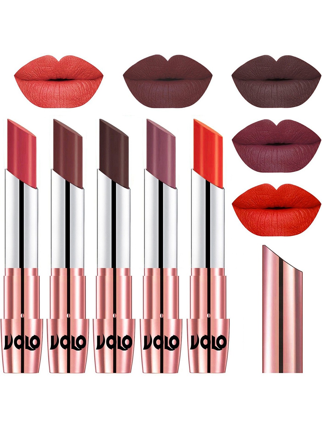 

VOLO Set Of 5 Creme Matte Lipstick-3.5g Each-Peach- Coffee-Chocolate-Plum- Coral, Multi