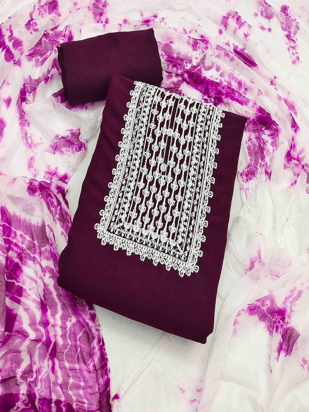 

Aika Floral Embroidered Silk Georgette Unstitched Dress Material, Purple