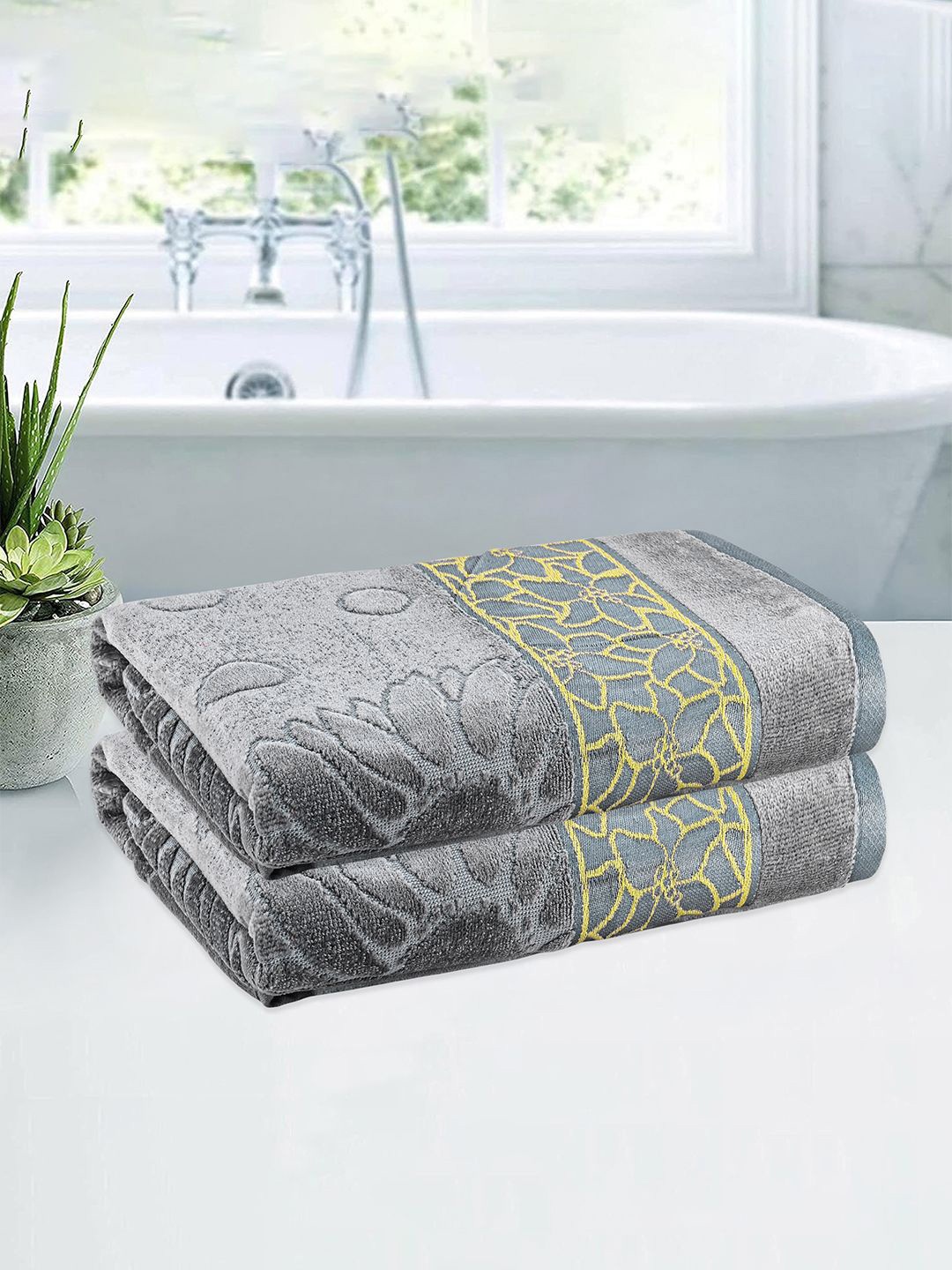 

Kuber Industries Grey & Yellow 2 Pieces Printed Cotton 450 GSM Bath Towel