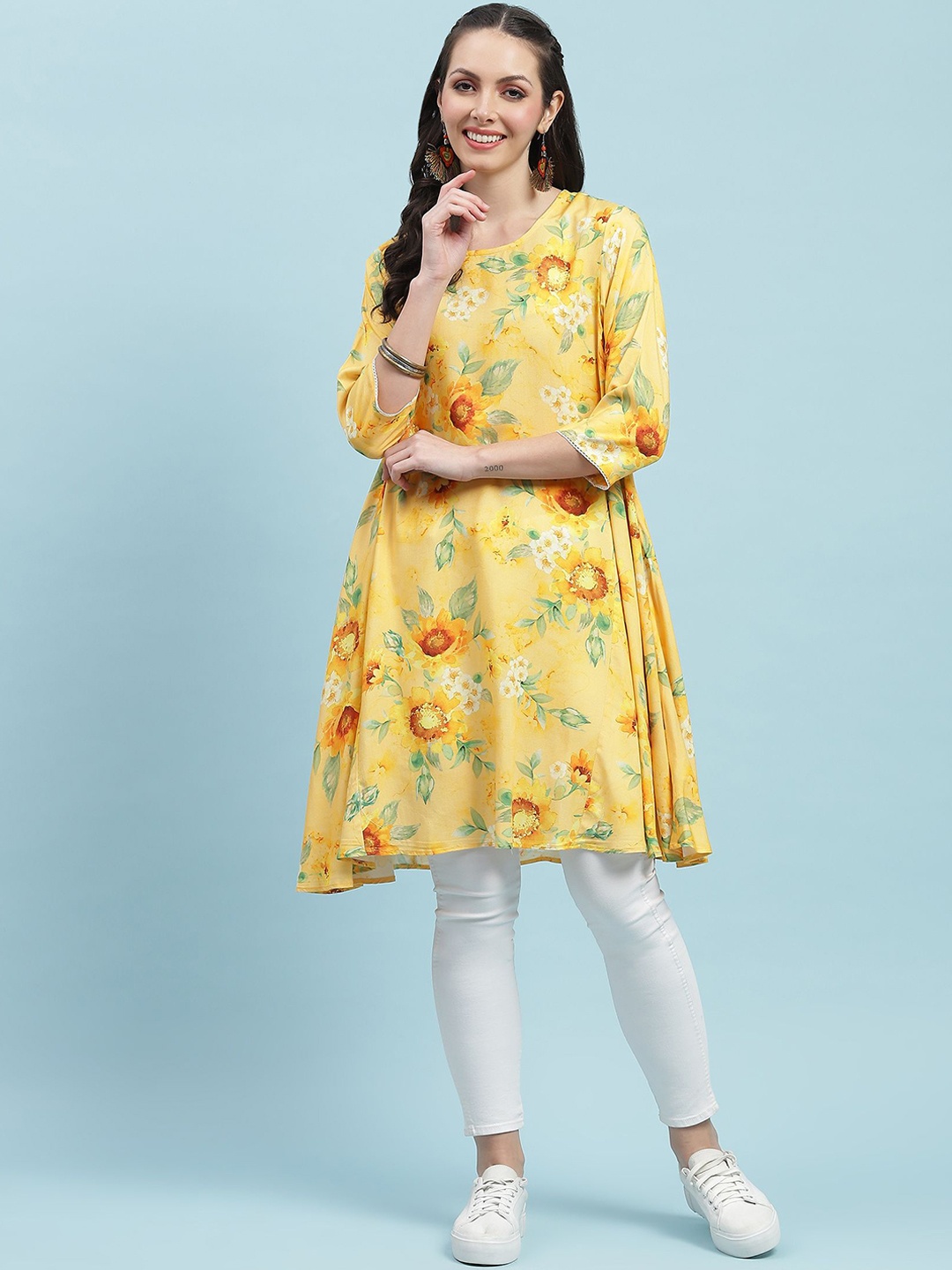 

Shree Floral Printed Liva A-Line Kurta, Yellow