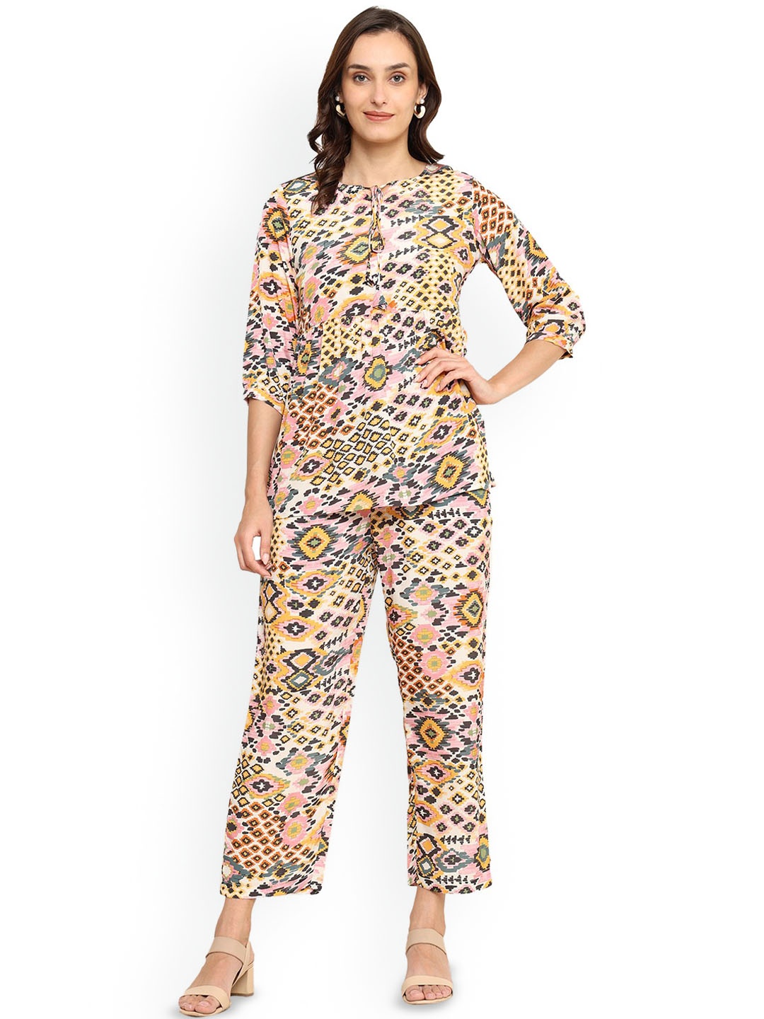 

YASH GALLERY Geometric Printed Top With Trousers, Yellow