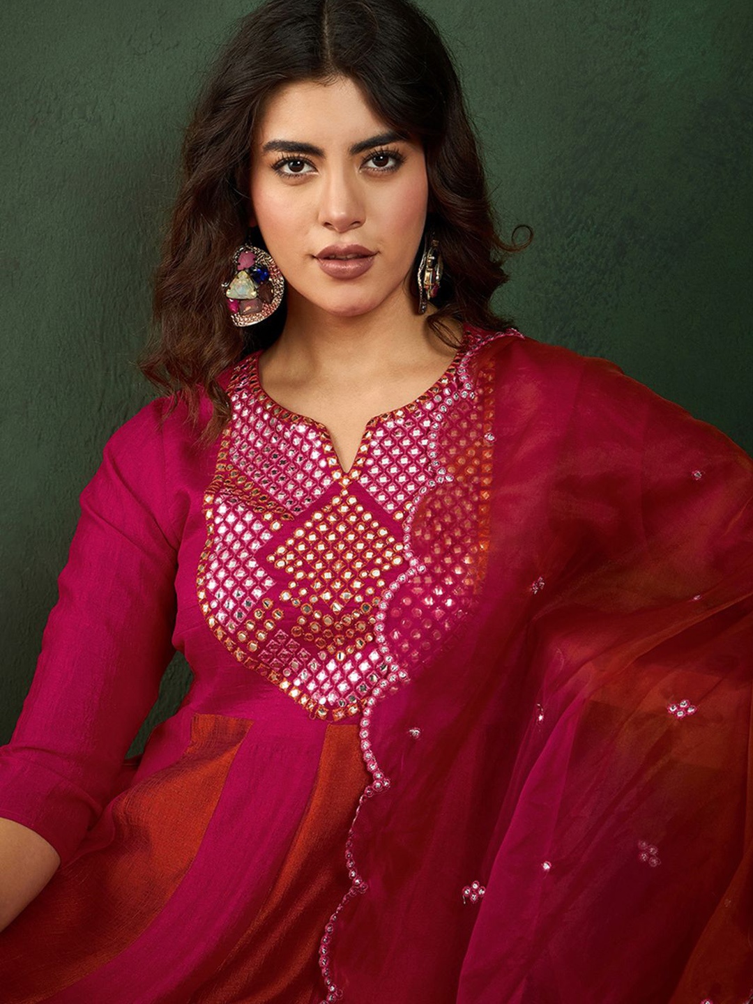 

Sangria Pink Embroidered Yoke Design Mirror Work A-Line Kurta With Trousers & Dupatta, Orange