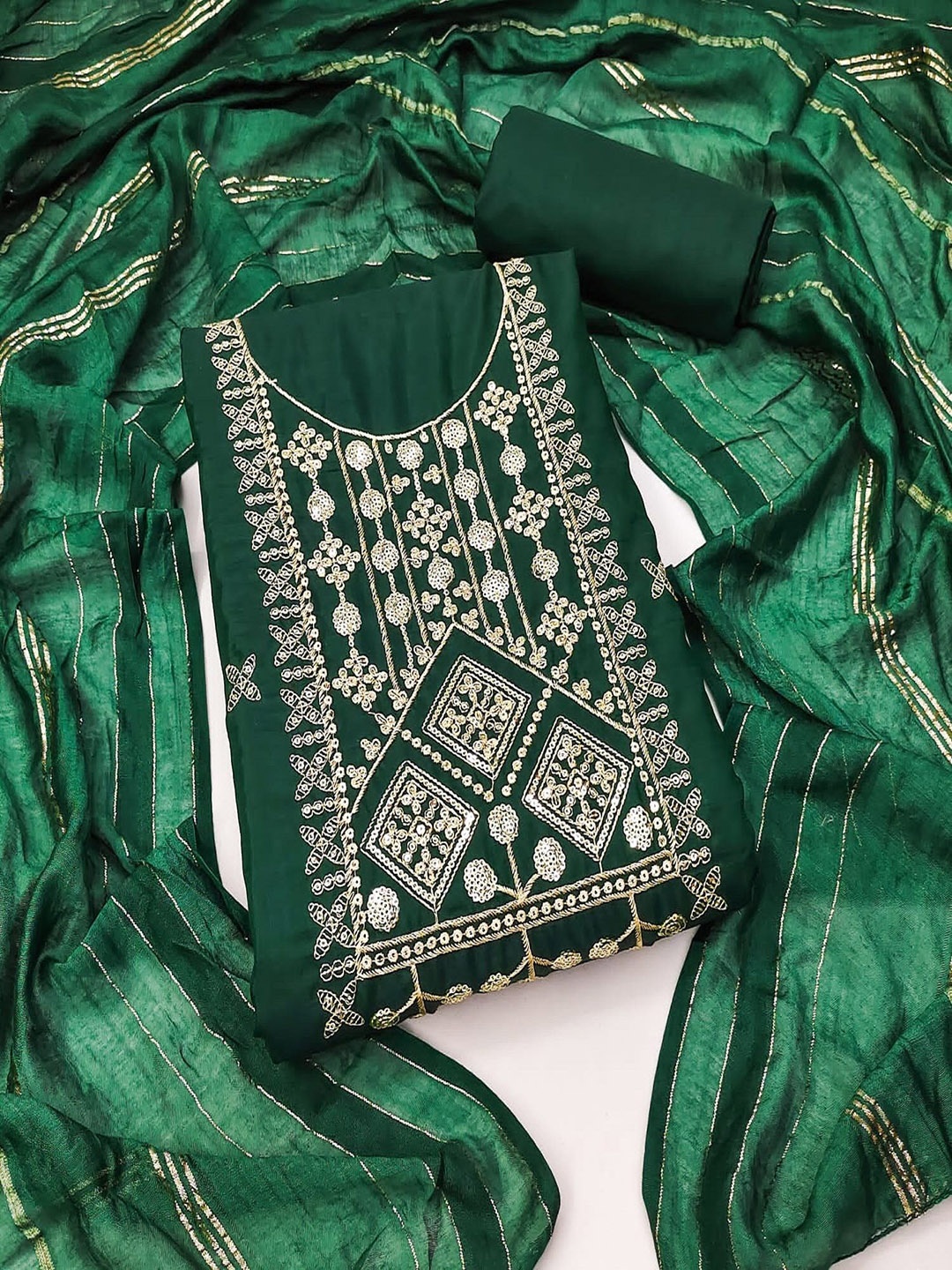 

JULEE Floral Embroidered Sequinned Pure Silk Unstitched Dress Material, Green