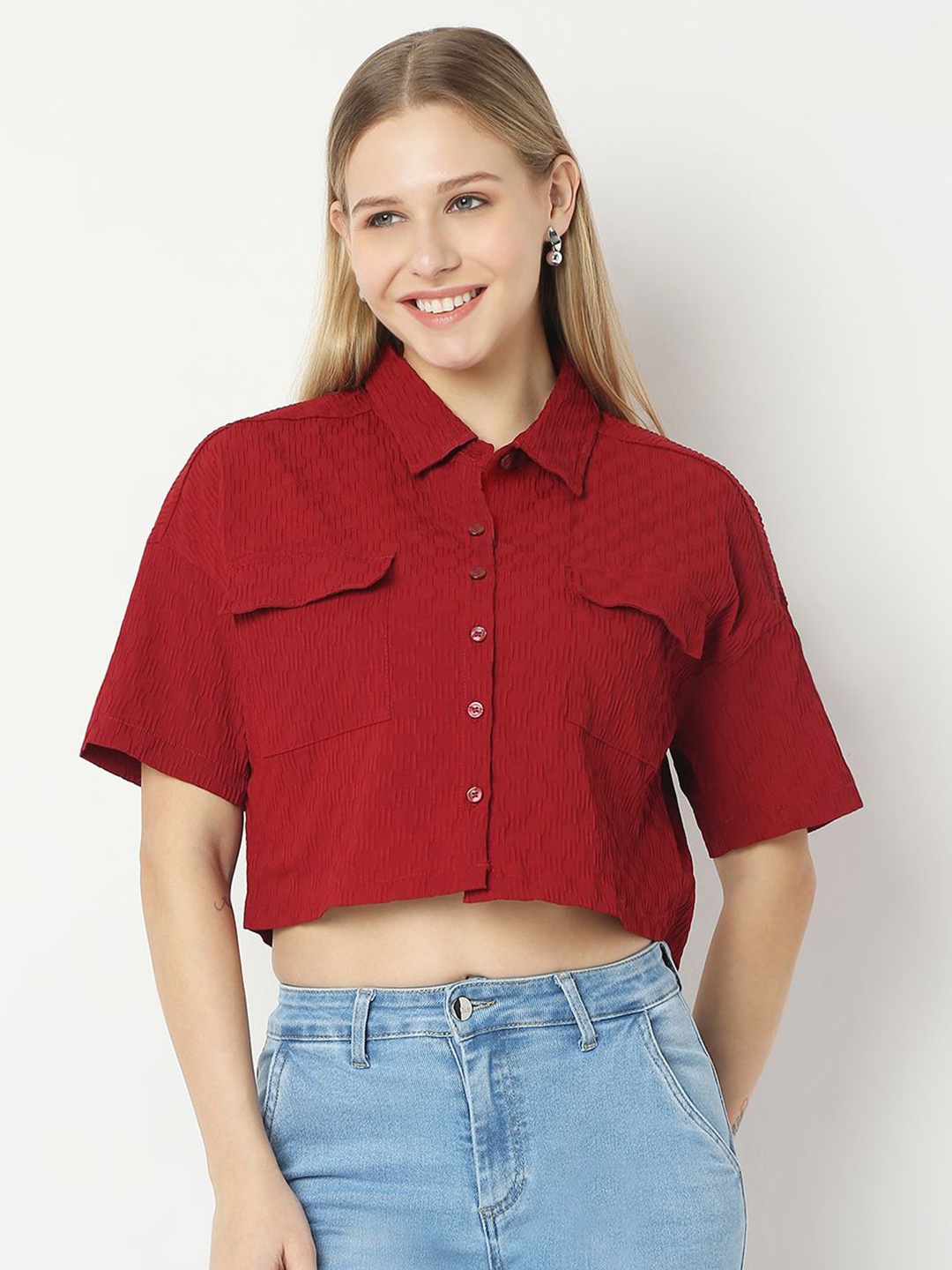 

Smarty Pants Women Comfort Spread Collar Textured Boxy Casual Shirt, Red