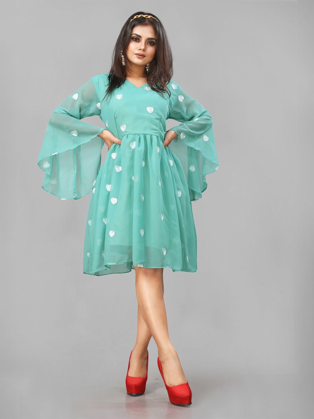 

LADY SHOPI Solid Abstract Printed Bell Sleeve Georgette Fit & Flare Above Knee Dress, Sea green
