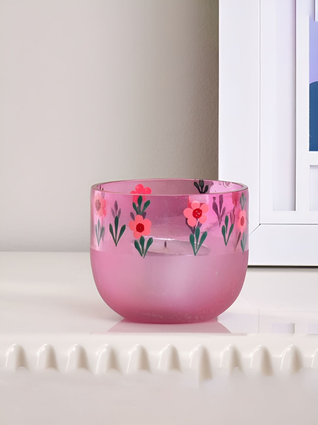 

Athome by Nilkamal Pink & Green Floral Printed Glass Votive Candle Holder