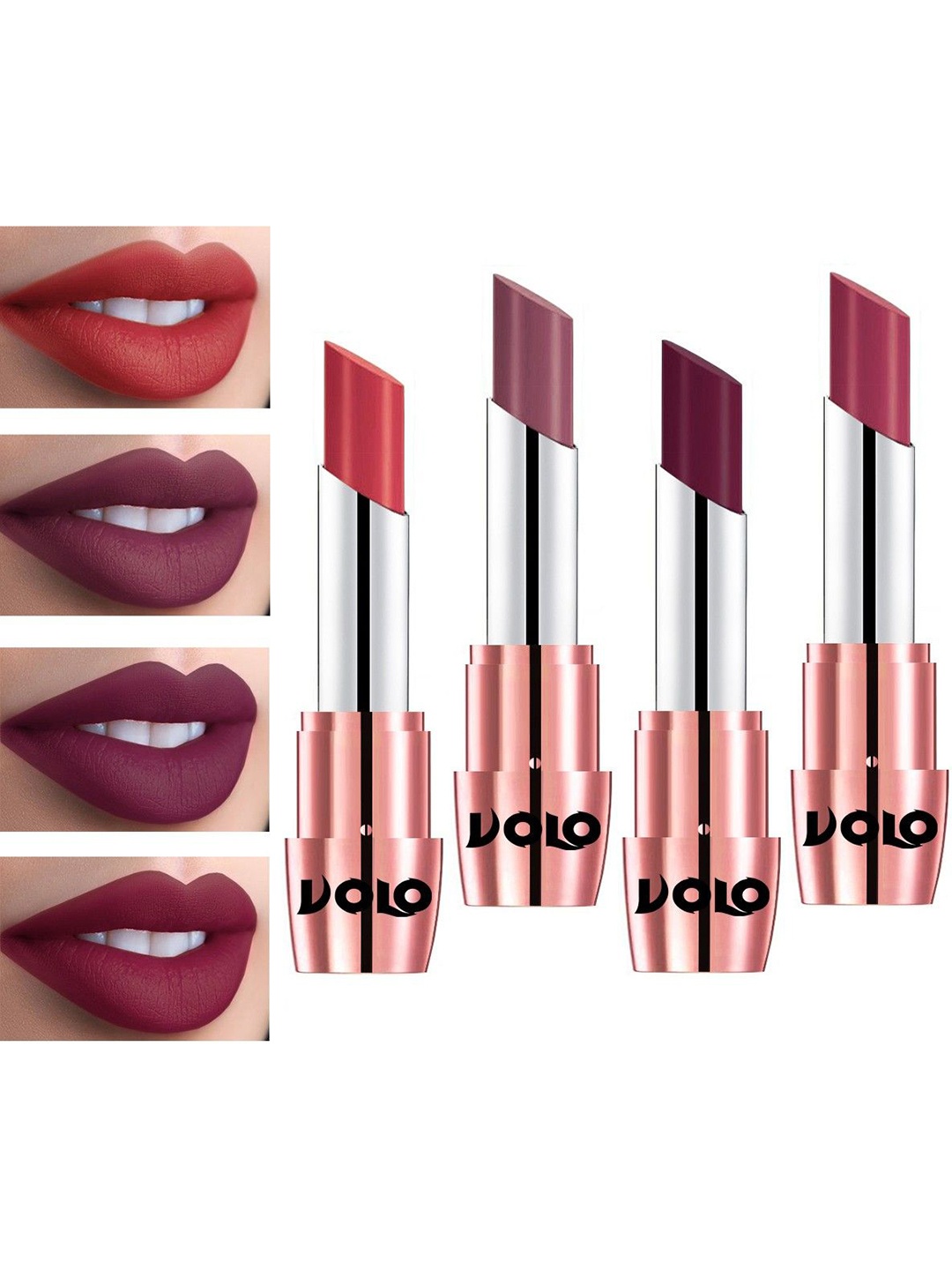 

VOLO Set Of 4 Creme Matte Lipstick - 3.5g Each - Plum-Peach-Wine-Rose Pink, Multi