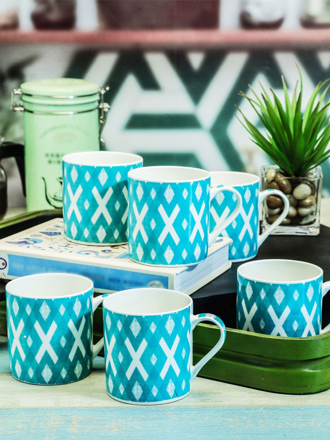 

GOODHOMES White & Blue 6 Pieces Geometric Printed Glossy Mugs 220 ml Each