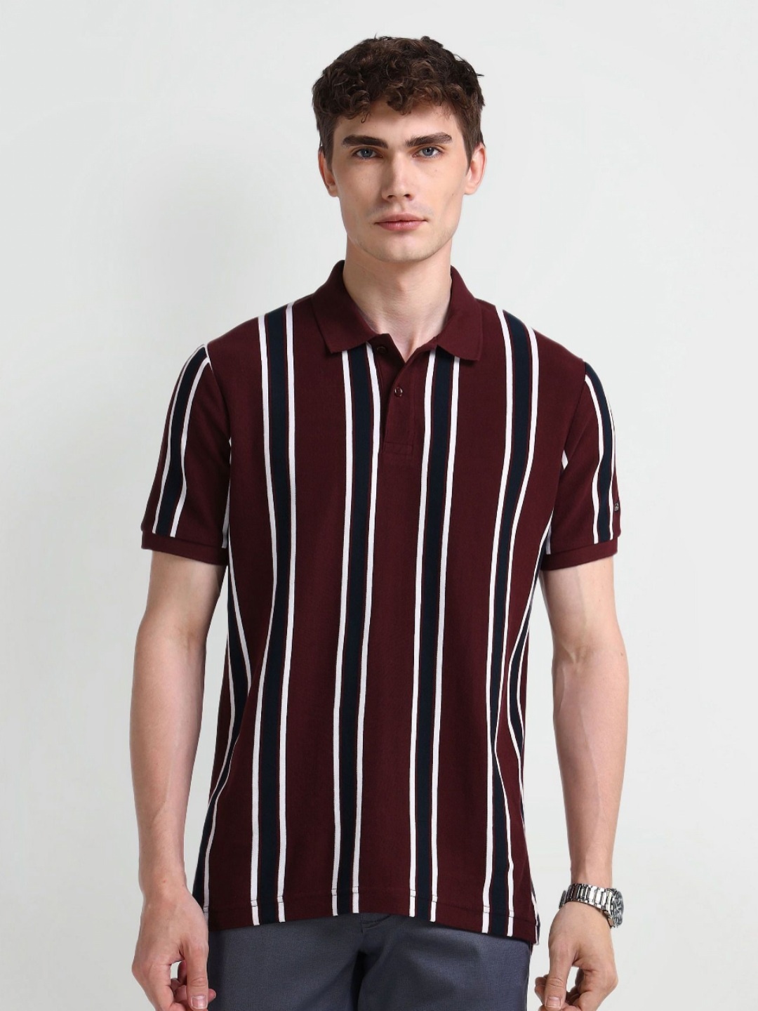 

Arrow Sport Men Striped Polo Collar Cotton T-shirt, Maroon