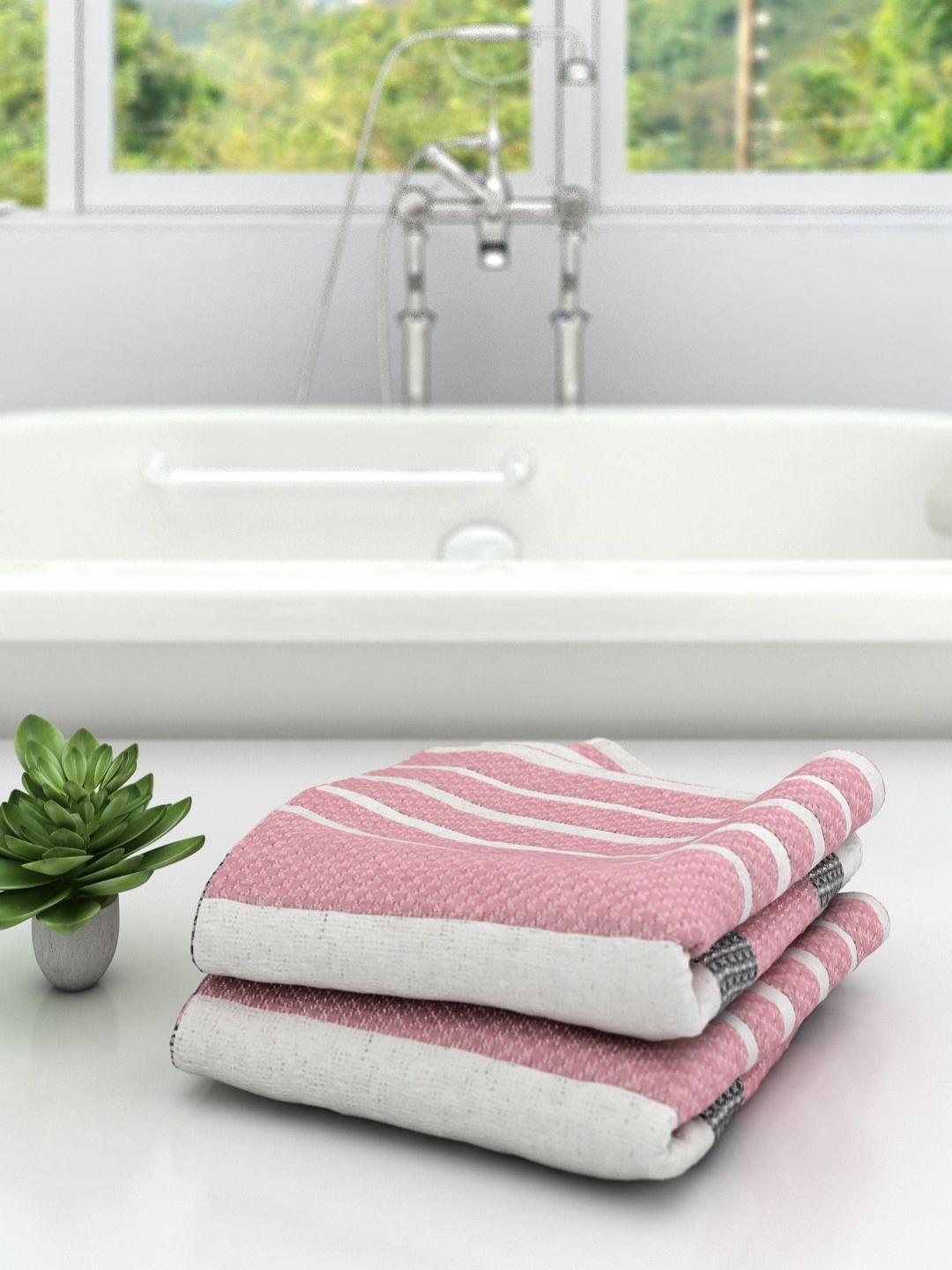 

Aura Pink & White 2 Pieces Striped Cotton 210 GSM Bath Towel